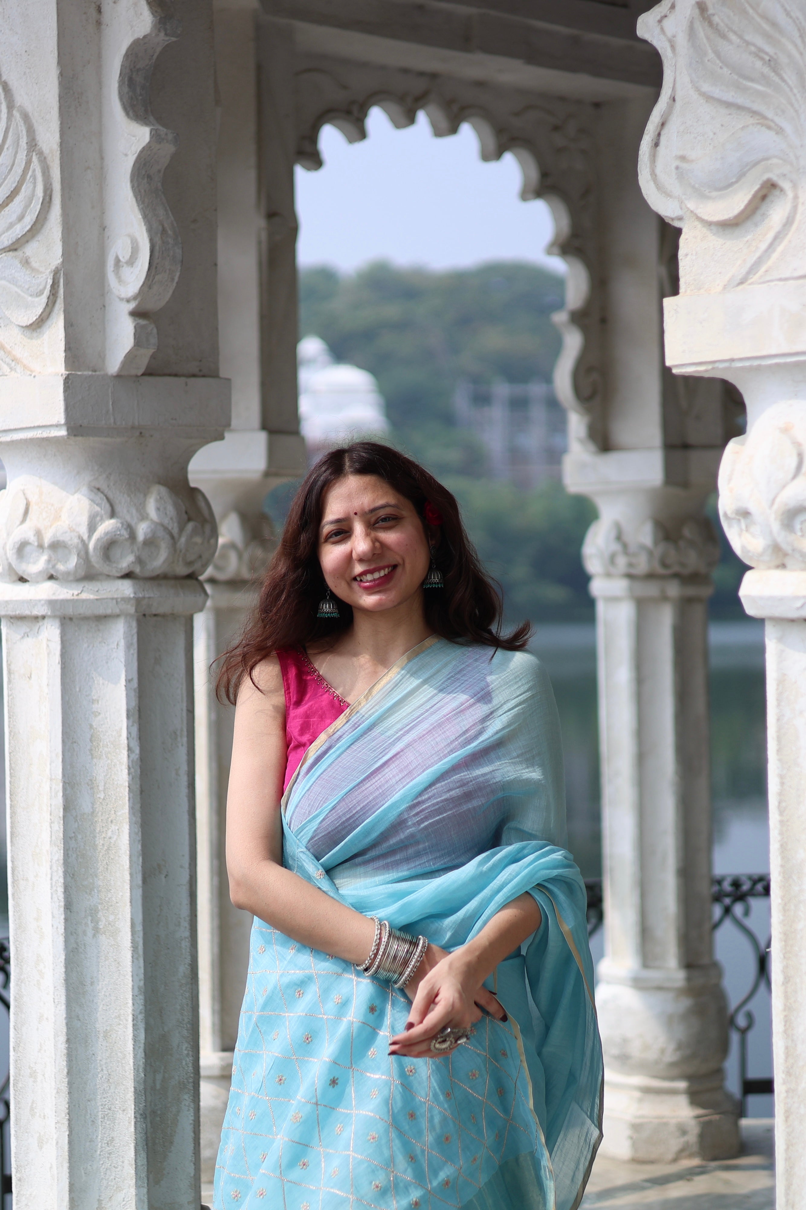 Noor | Sky Blue Embroidered Cotton Silk Saree