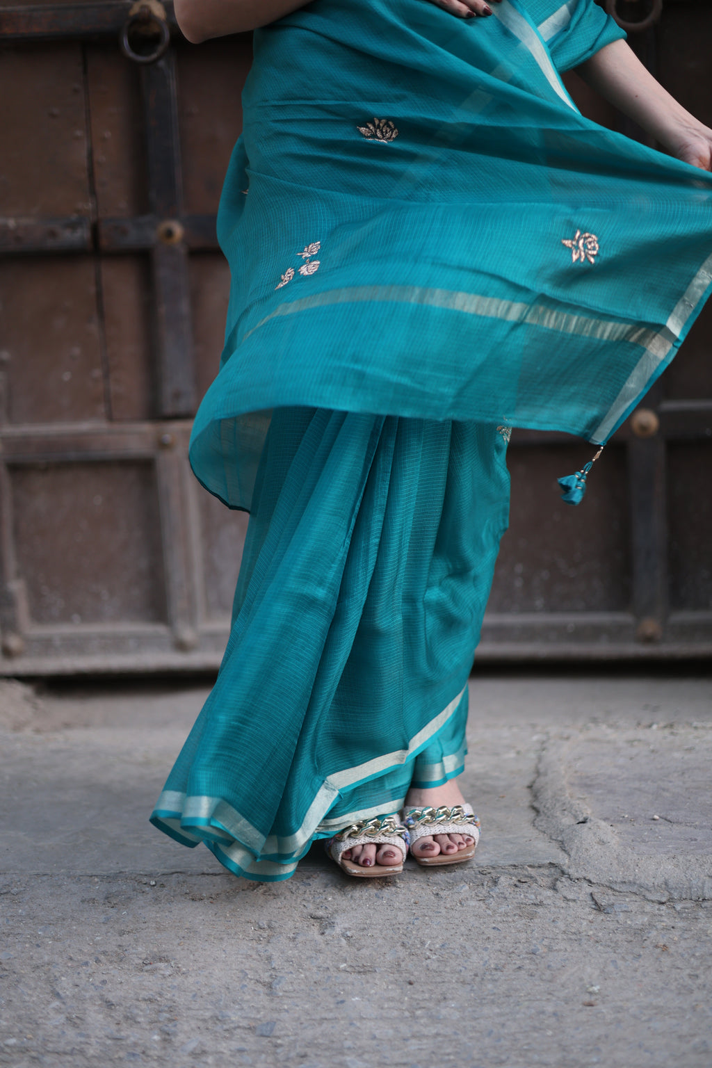 Sharara | Teal Blue Embroidered Kota Silk Saree