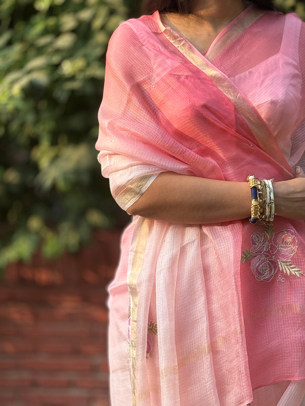 Sitaara | Pink Ombre Embroidered Kota Silk Saree