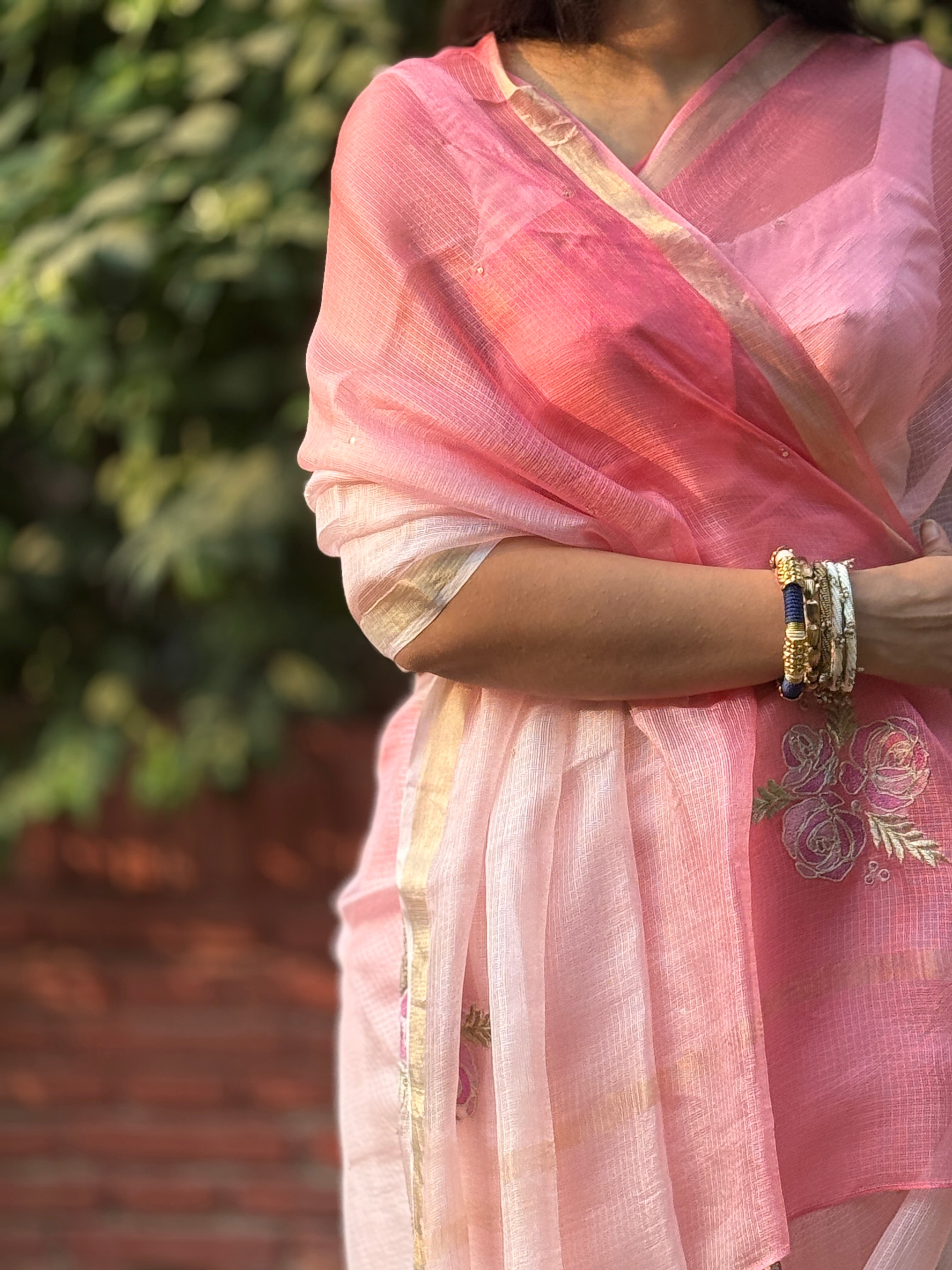 Sitaara | Pink Ombre Embroidered Kota Silk Saree