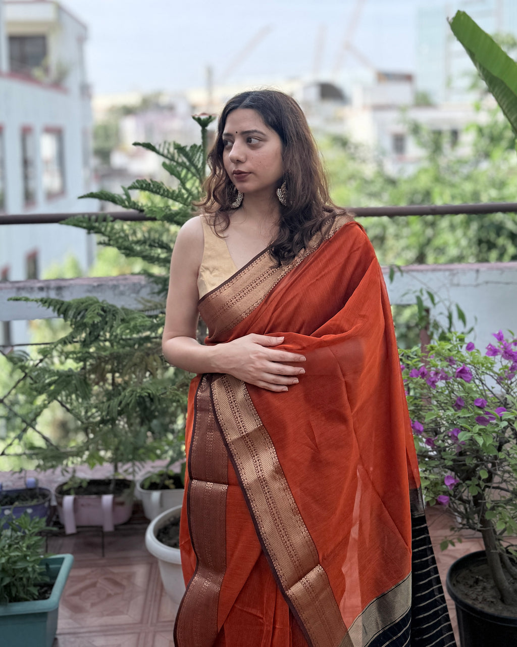 Nazm | Orange Maheshwari Saree
