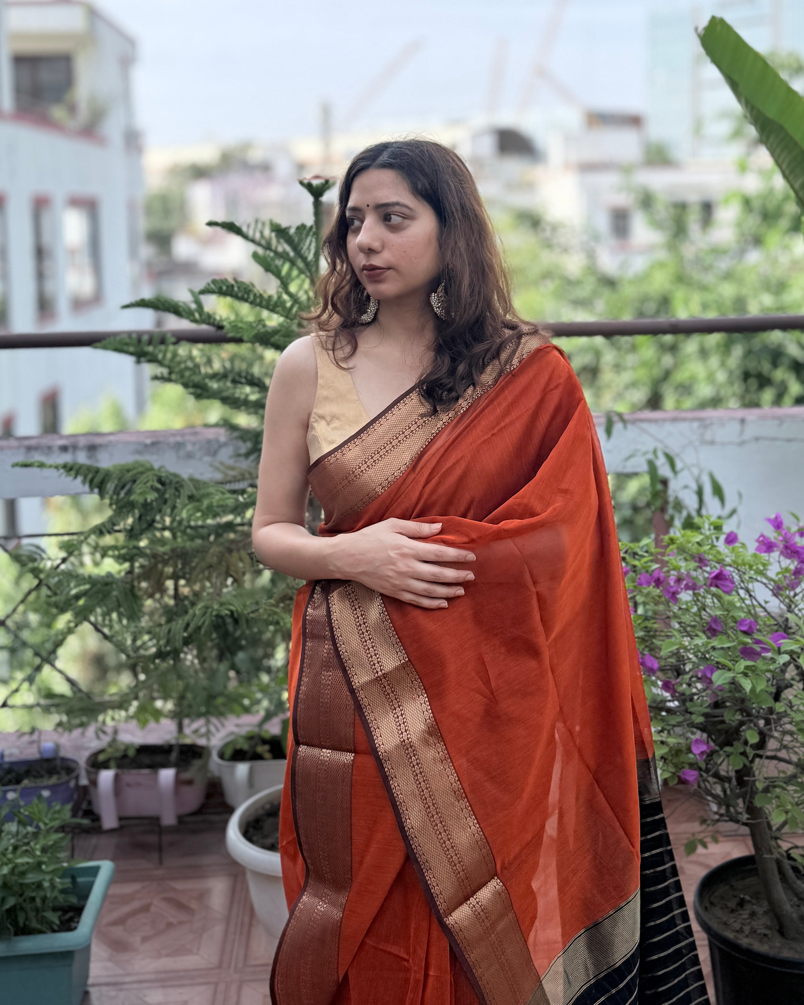 Nazm | Orange Maheshwari Saree