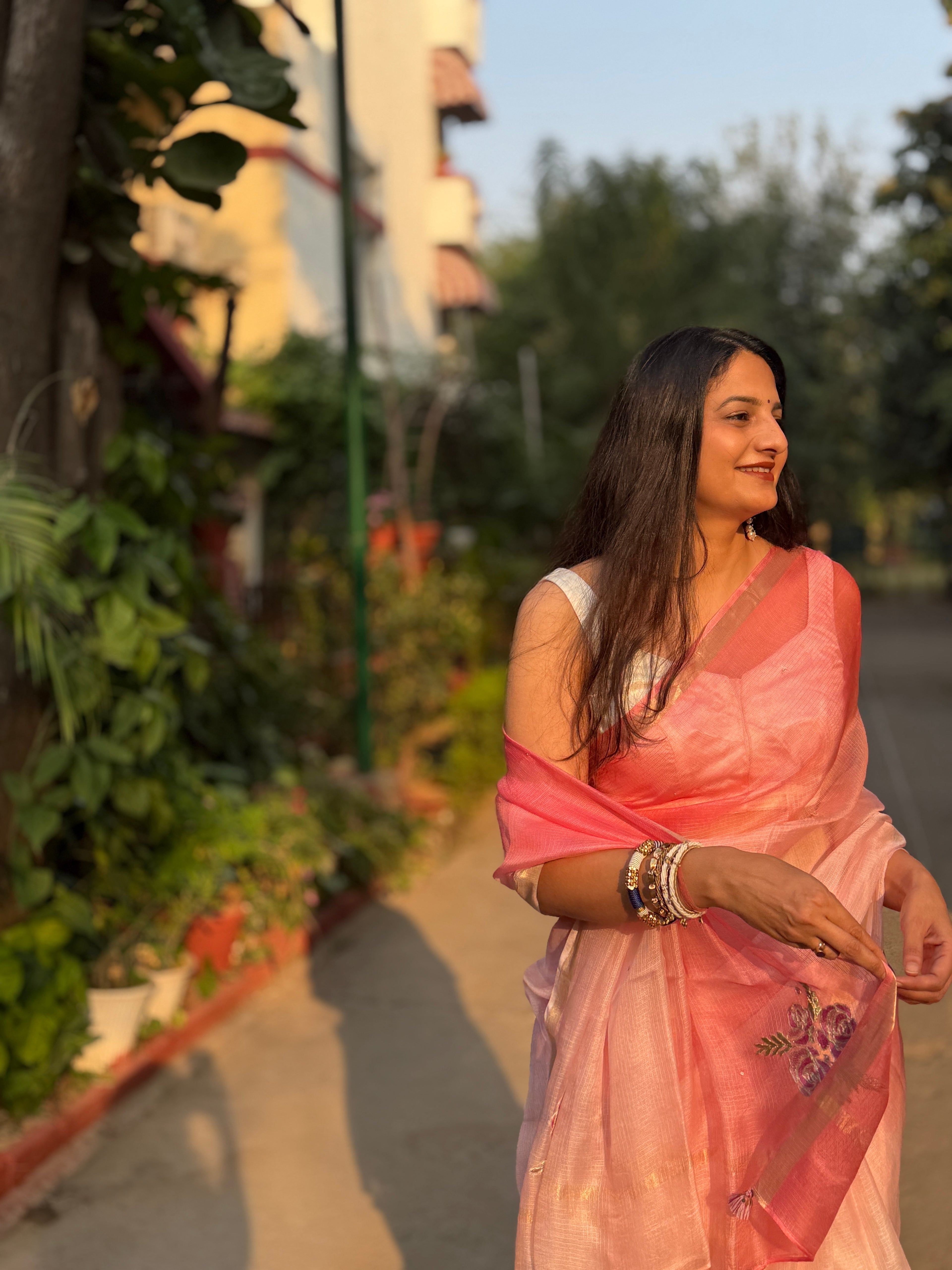 Sitaara | Pink Ombre Embroidered Kota Silk Saree