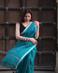 Teal Blue Embroidered Kota Silk Saree
