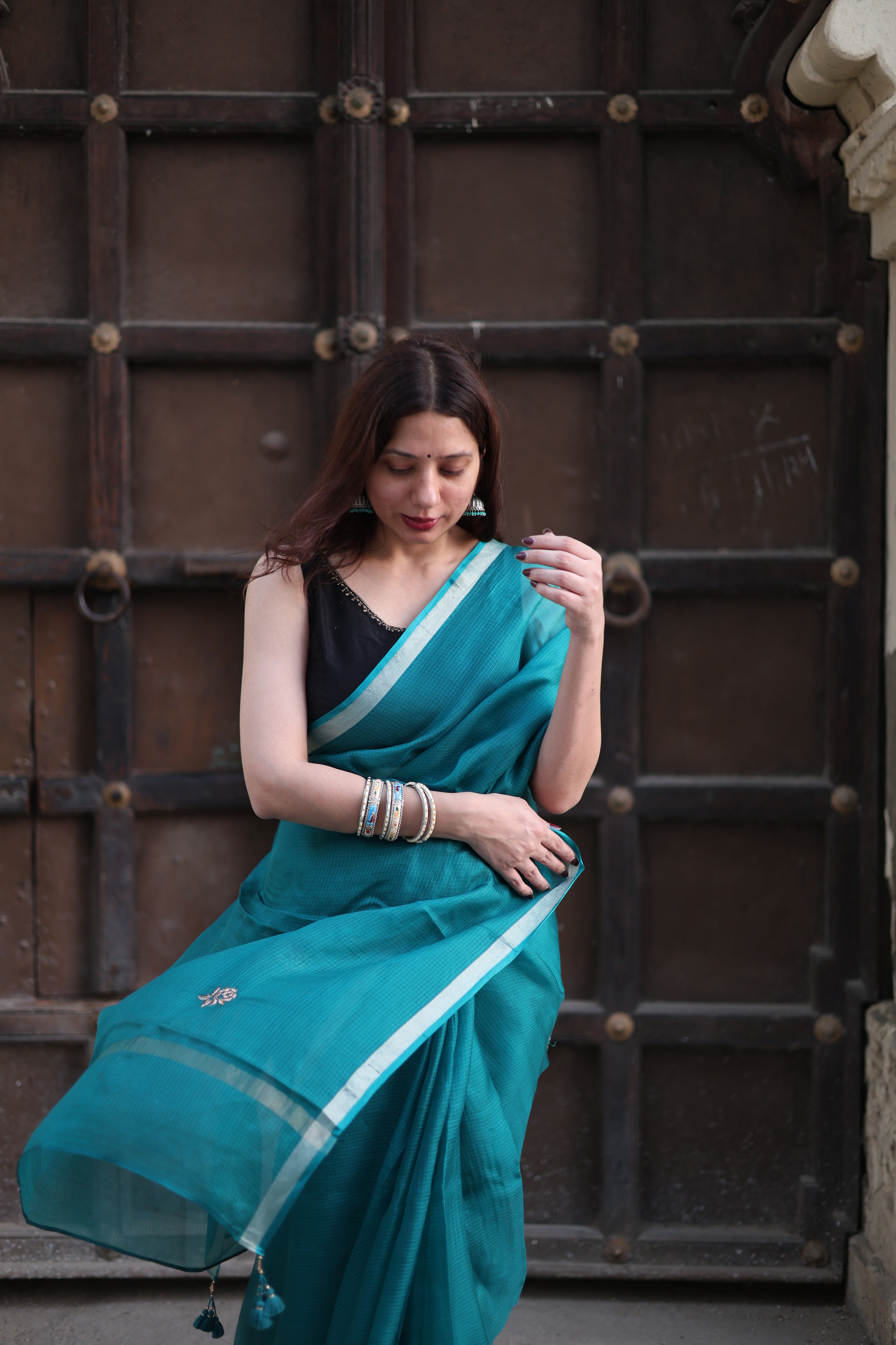 Sharara | Teal Blue Embroidered Kota Silk Saree