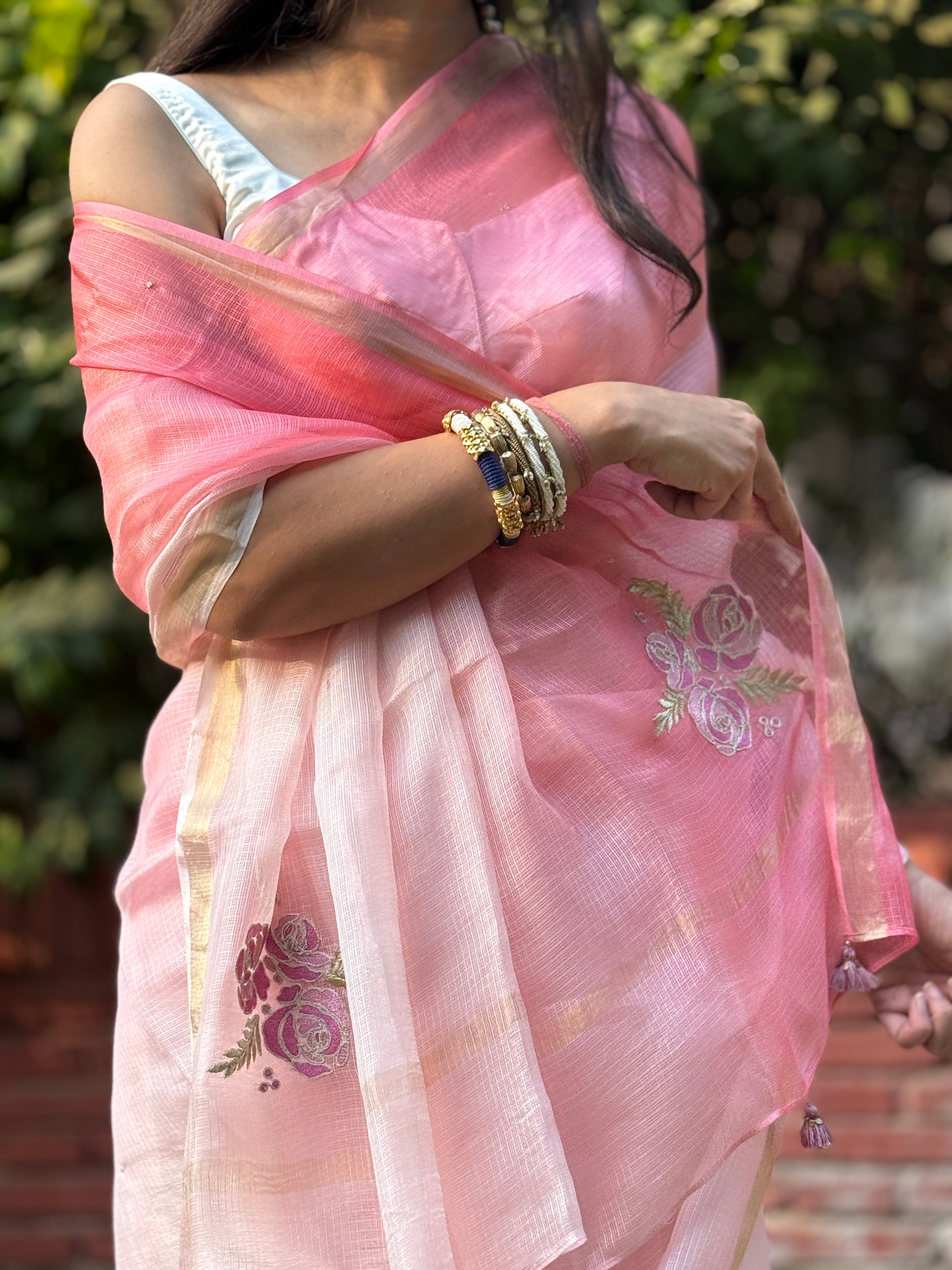 Sitaara | Pink Ombre Embroidered Kota Silk Saree