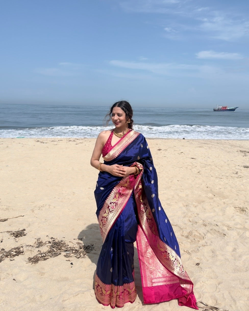 Yamini | Blue Handloom Banarasi Katan Silk Saree