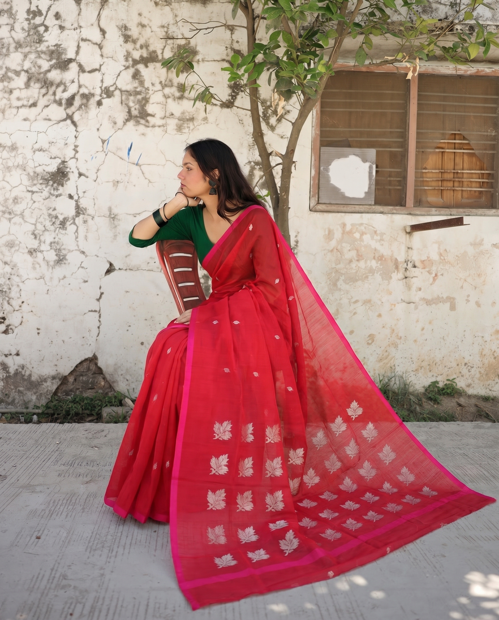 Devi | Red Chanderi Saree with Silver Bootis