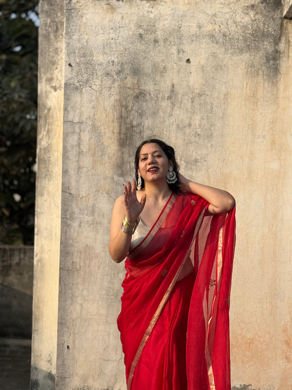Sharara | Red Embroidered Kota Silk Saree