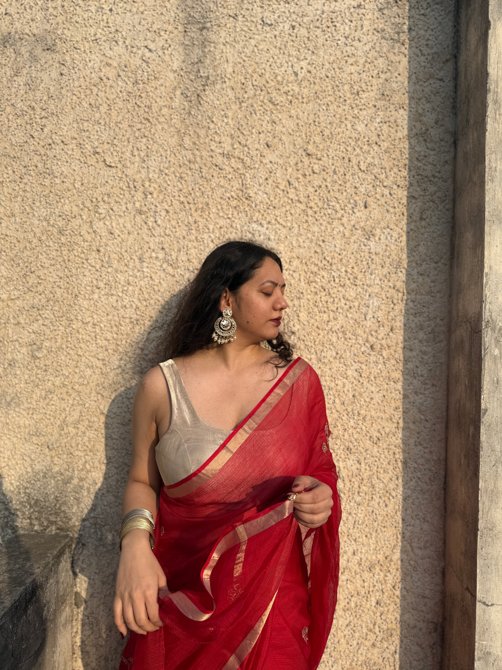 Sharara | Red Embroidered Kota Silk Saree