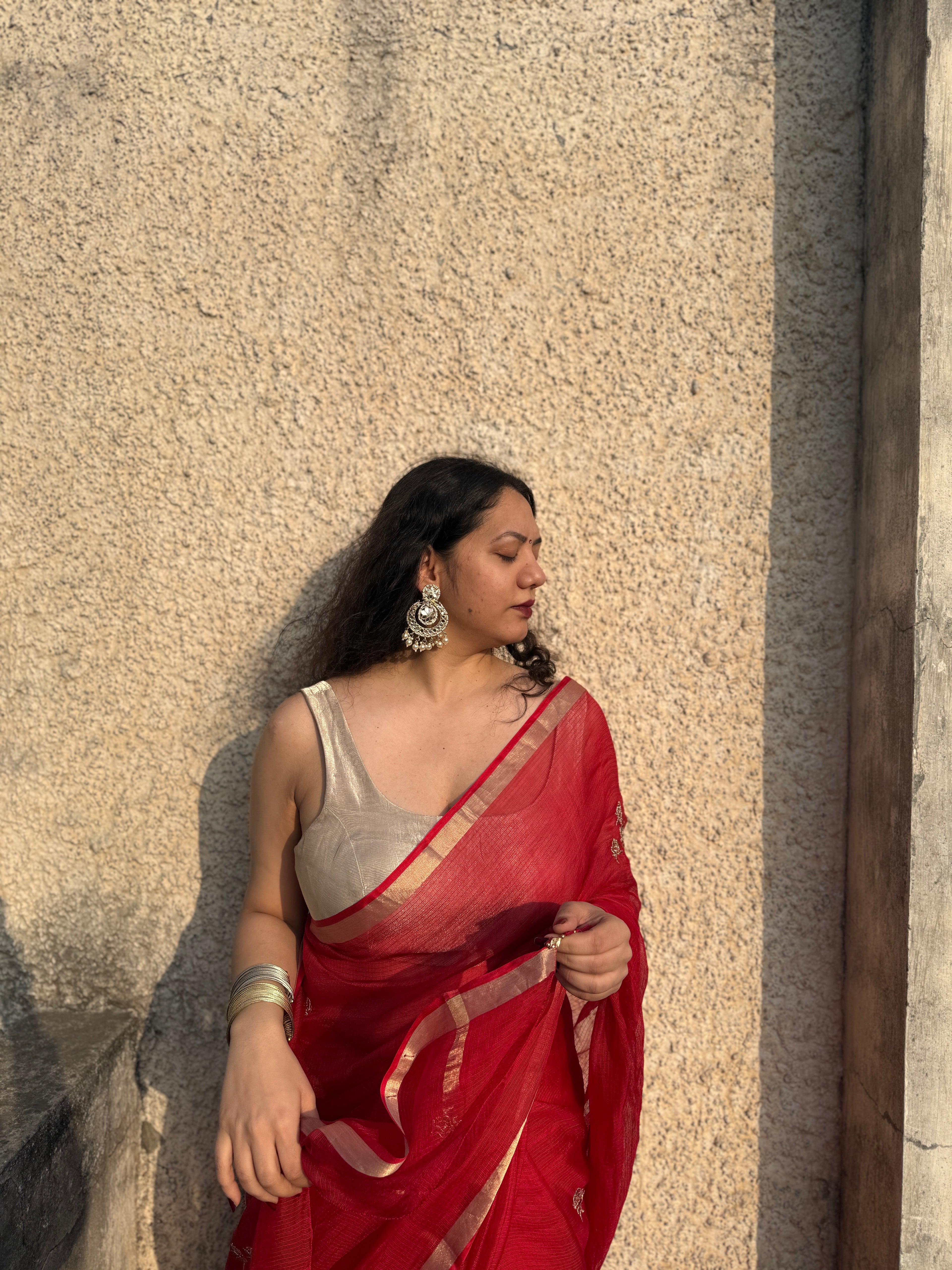 Sharara | Red Embroidered Kota Silk Saree