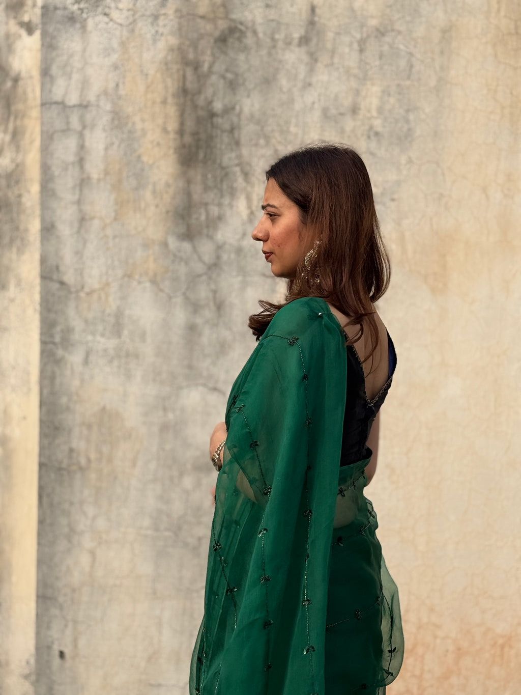 Teekhi | Green Viscose Organza Hand Embroidered saree