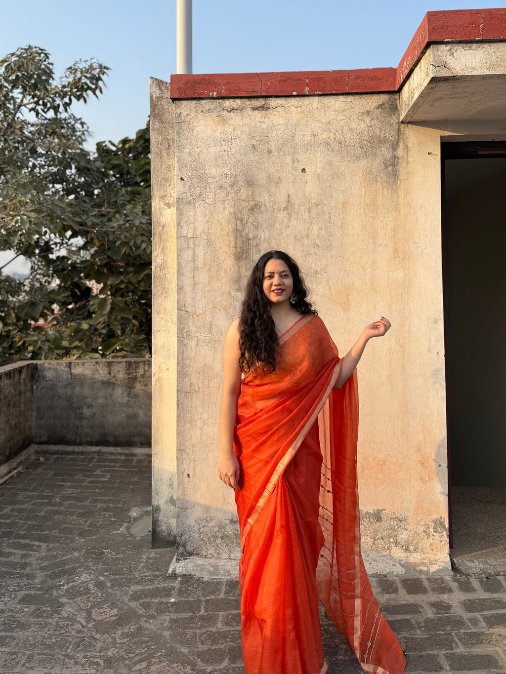 Mehr | Orange Embroidered Kota Silk Saree