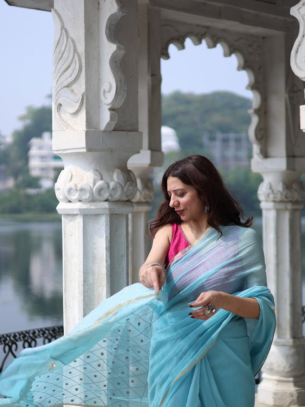 Noor | Sky Blue Embroidered Cotton Silk Saree