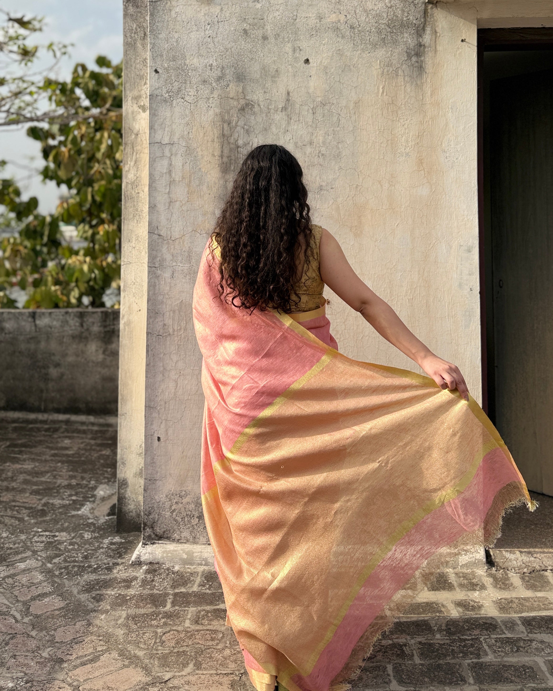 Candy | Blush Pink Tissue Linen Saree