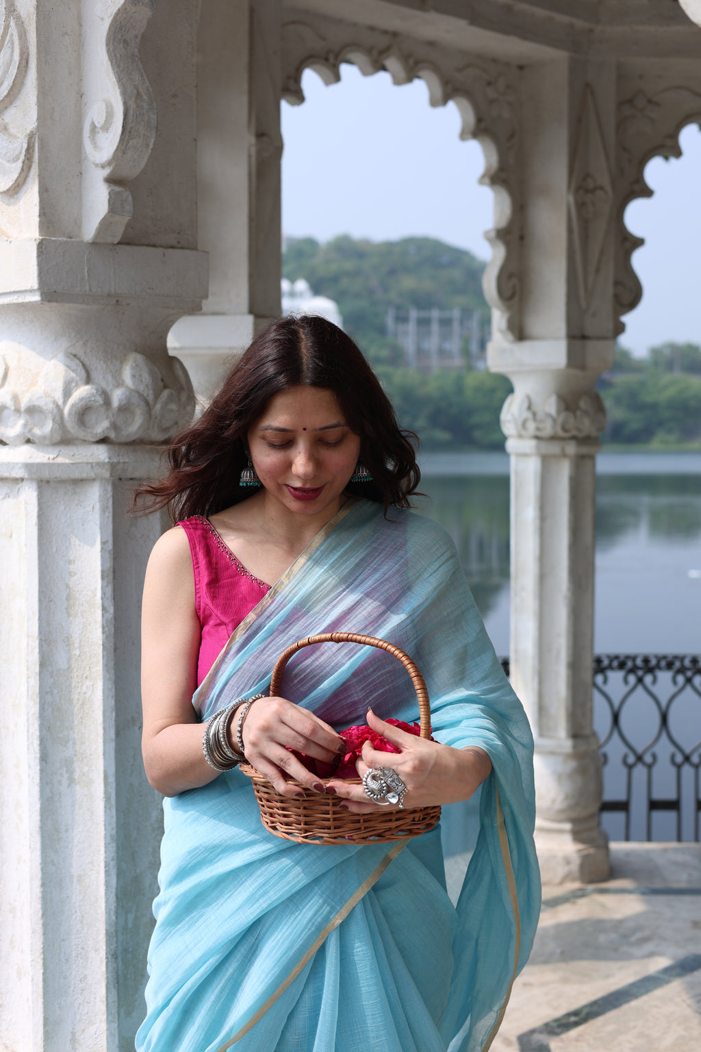 Noor | Sky Blue Embroidered Cotton Silk Saree