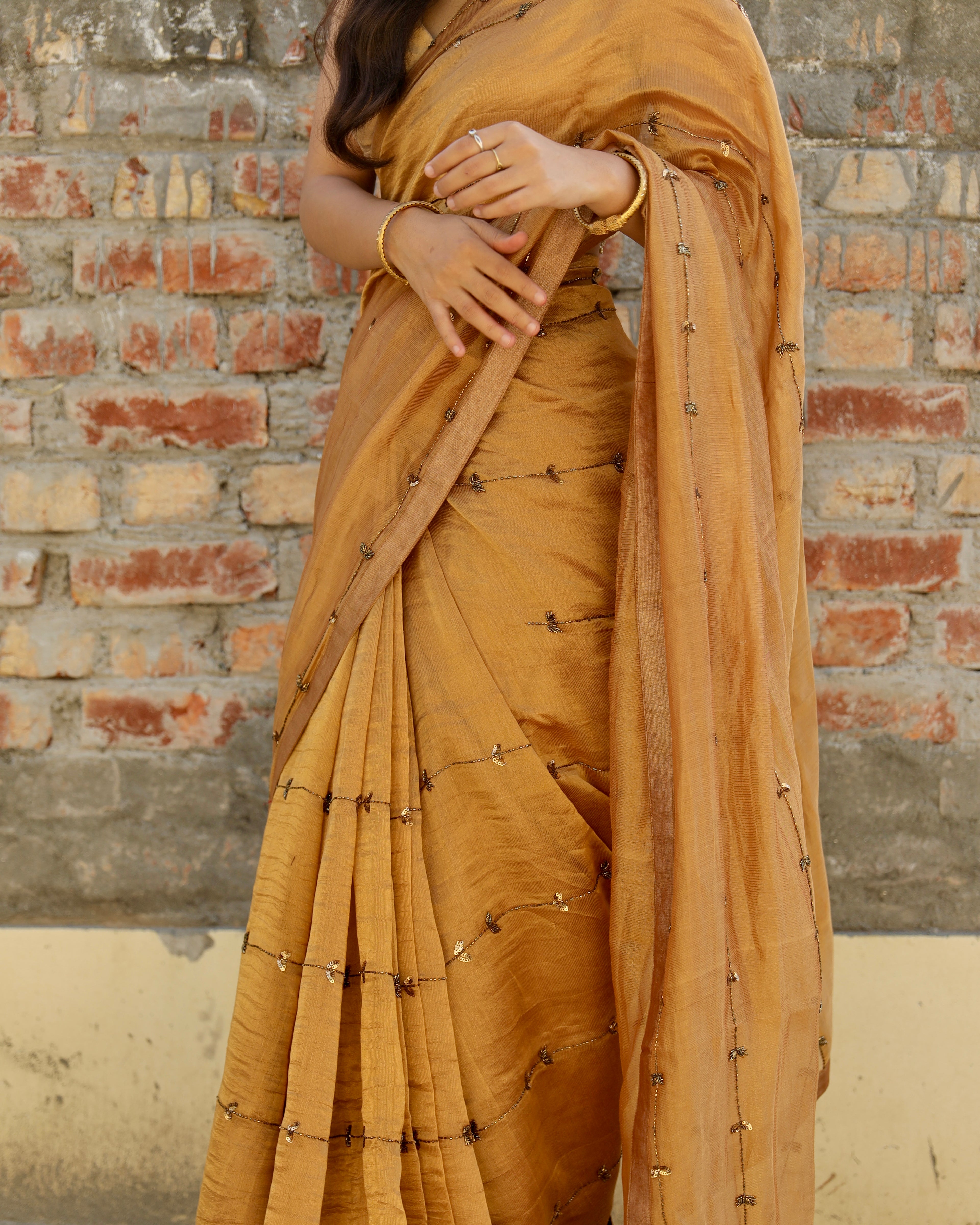 Sona | Golden Silk Zari Hand Embroidered Saree