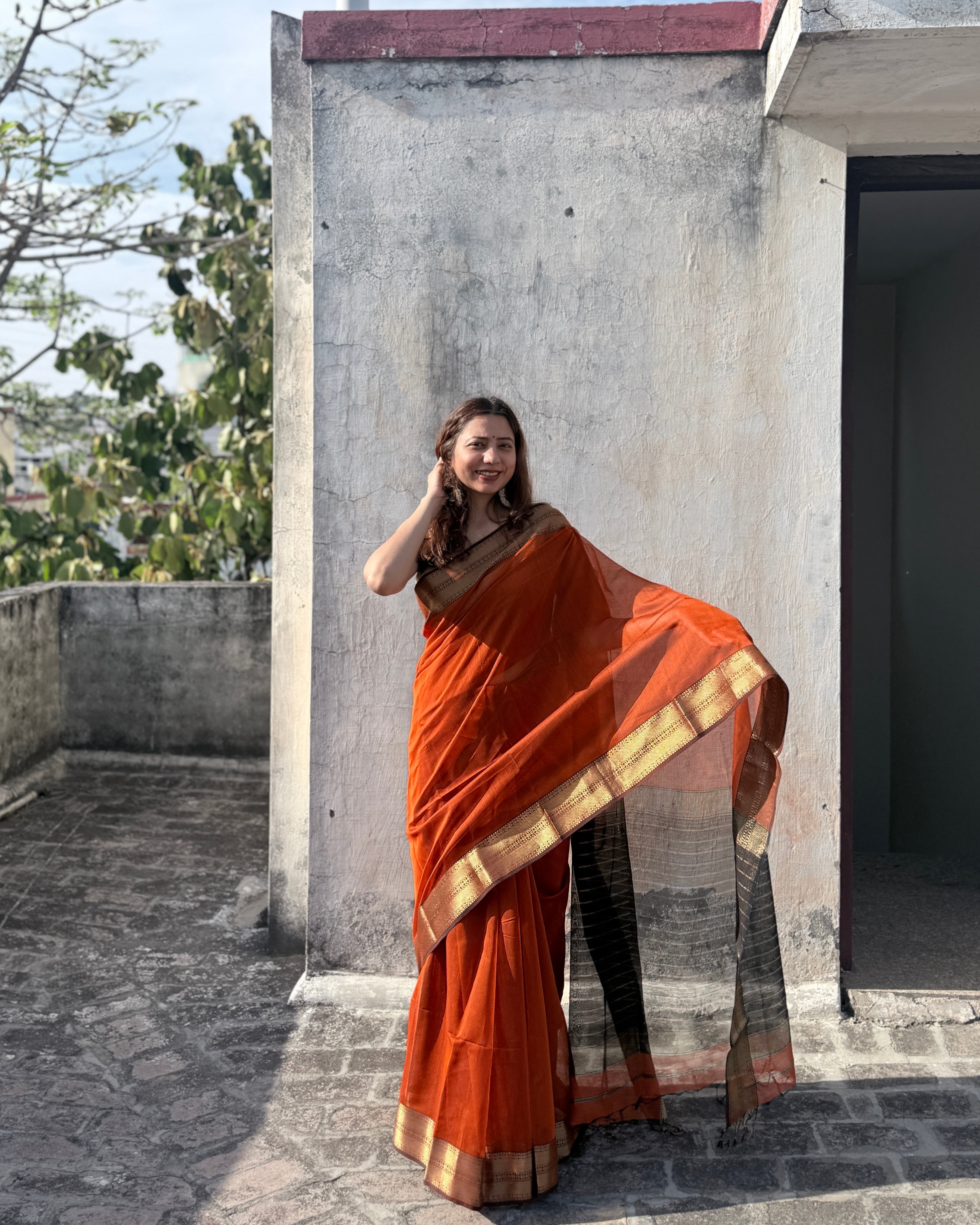 Nazm | Orange Maheshwari Saree