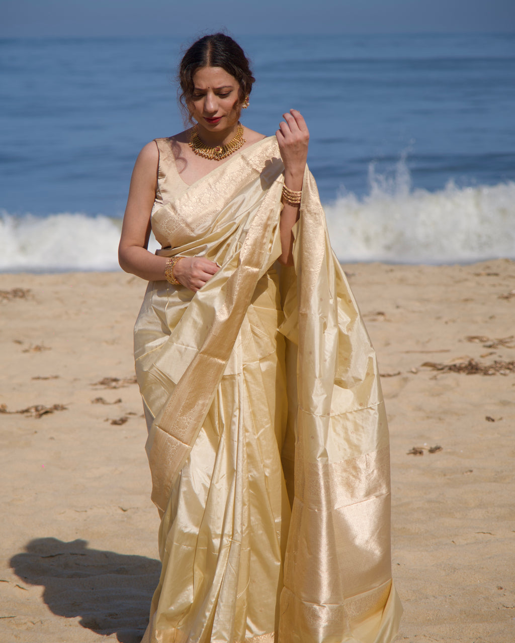 Mogra | Cream Handloom Banarasi Katan Silk Saree
