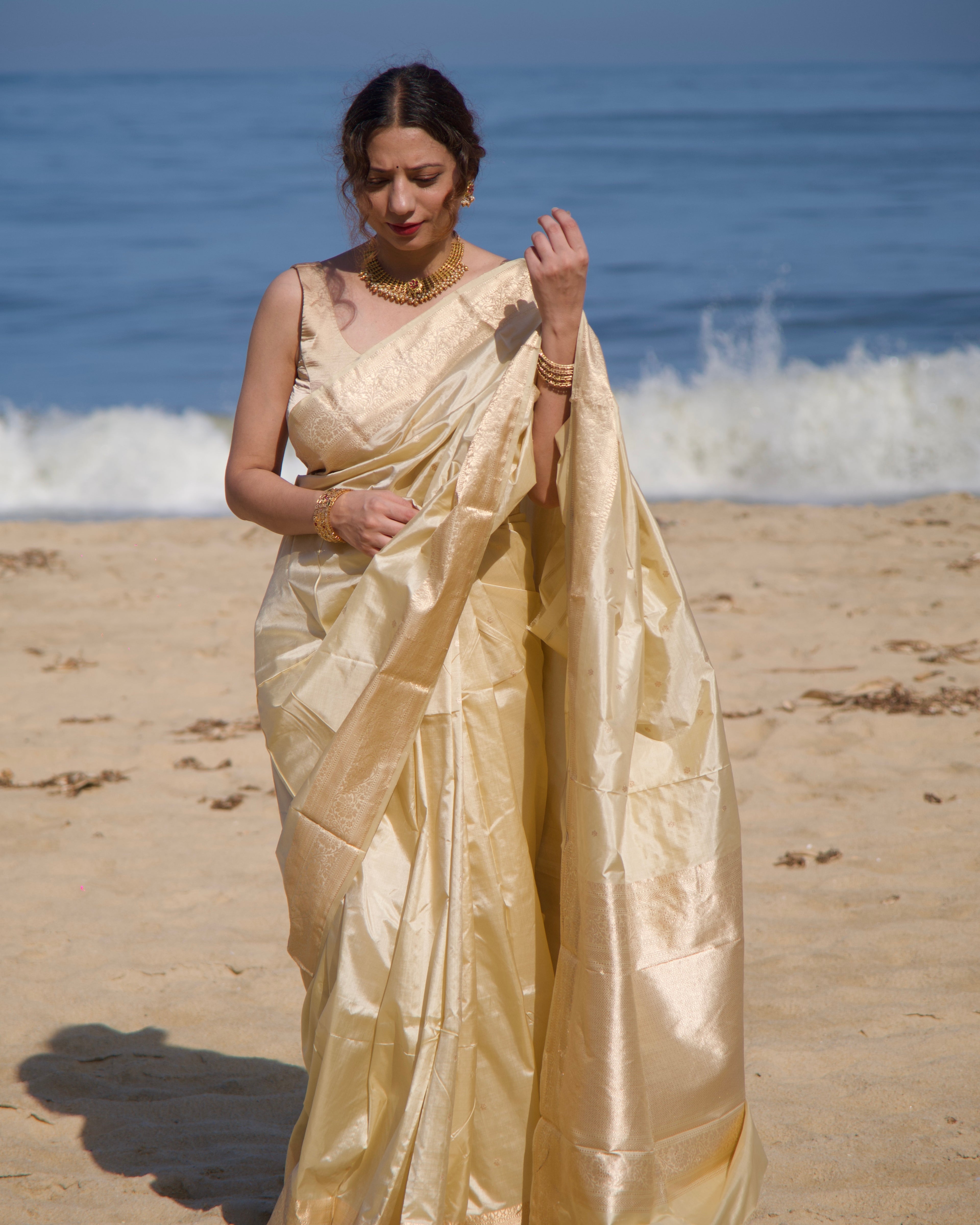 Mogra | Cream Handloom Banarasi Katan Silk Saree