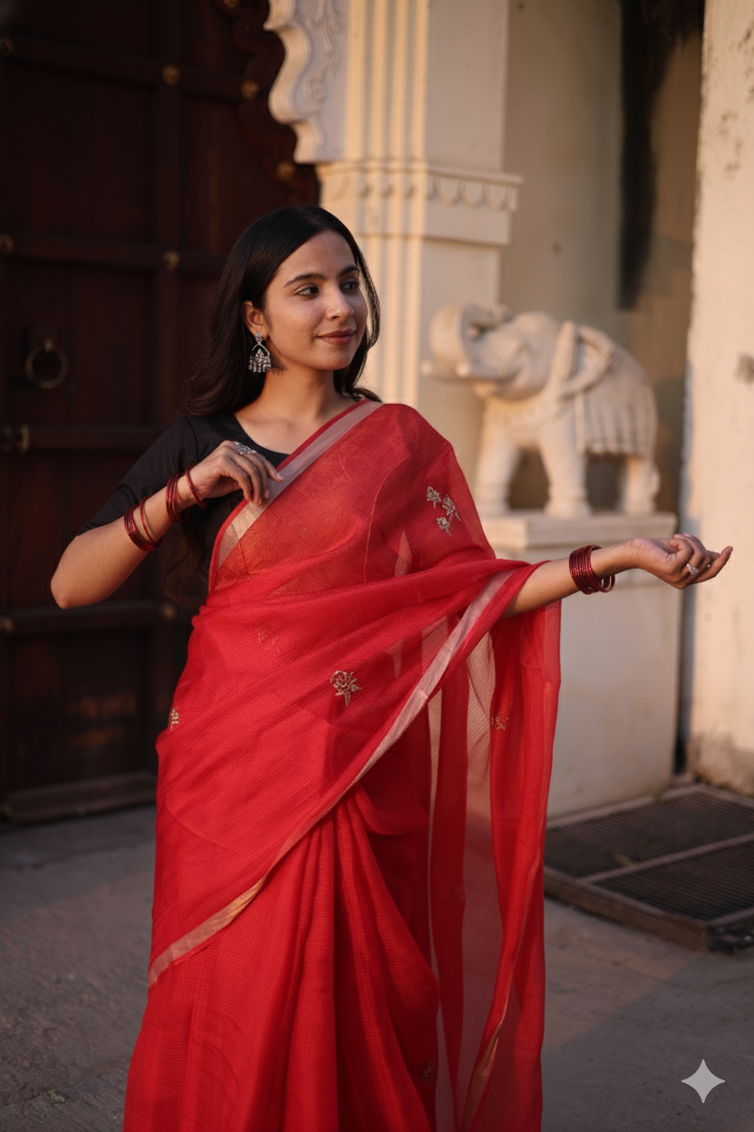 Sharara | Red Embroidered Kota Silk Saree
