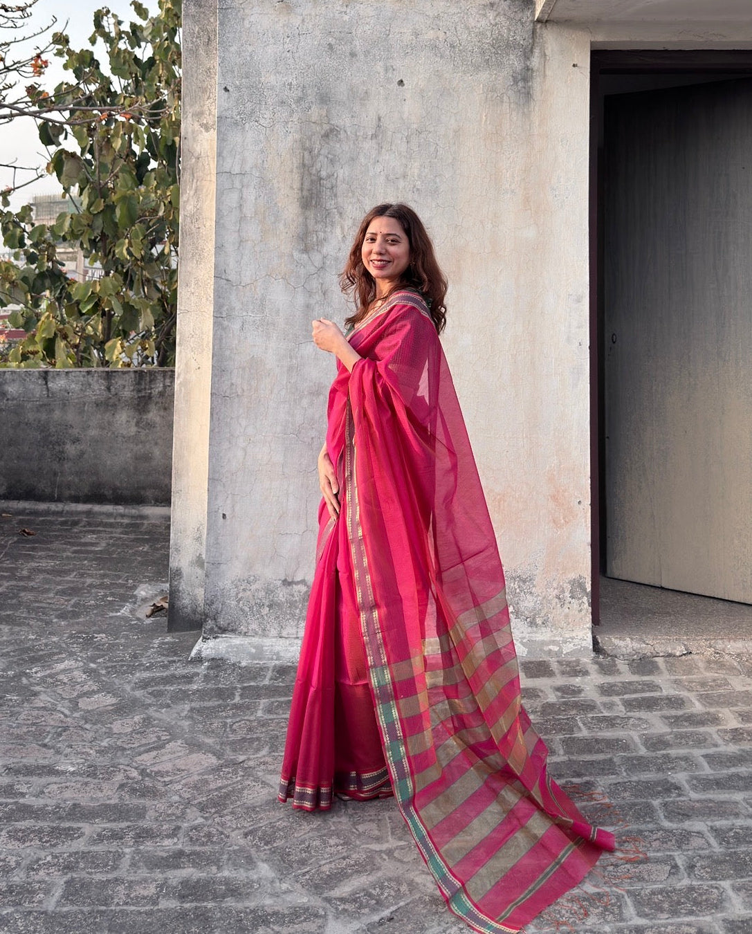 Rajnigandha | Pink Raasta Pattern Maheshwari Saree