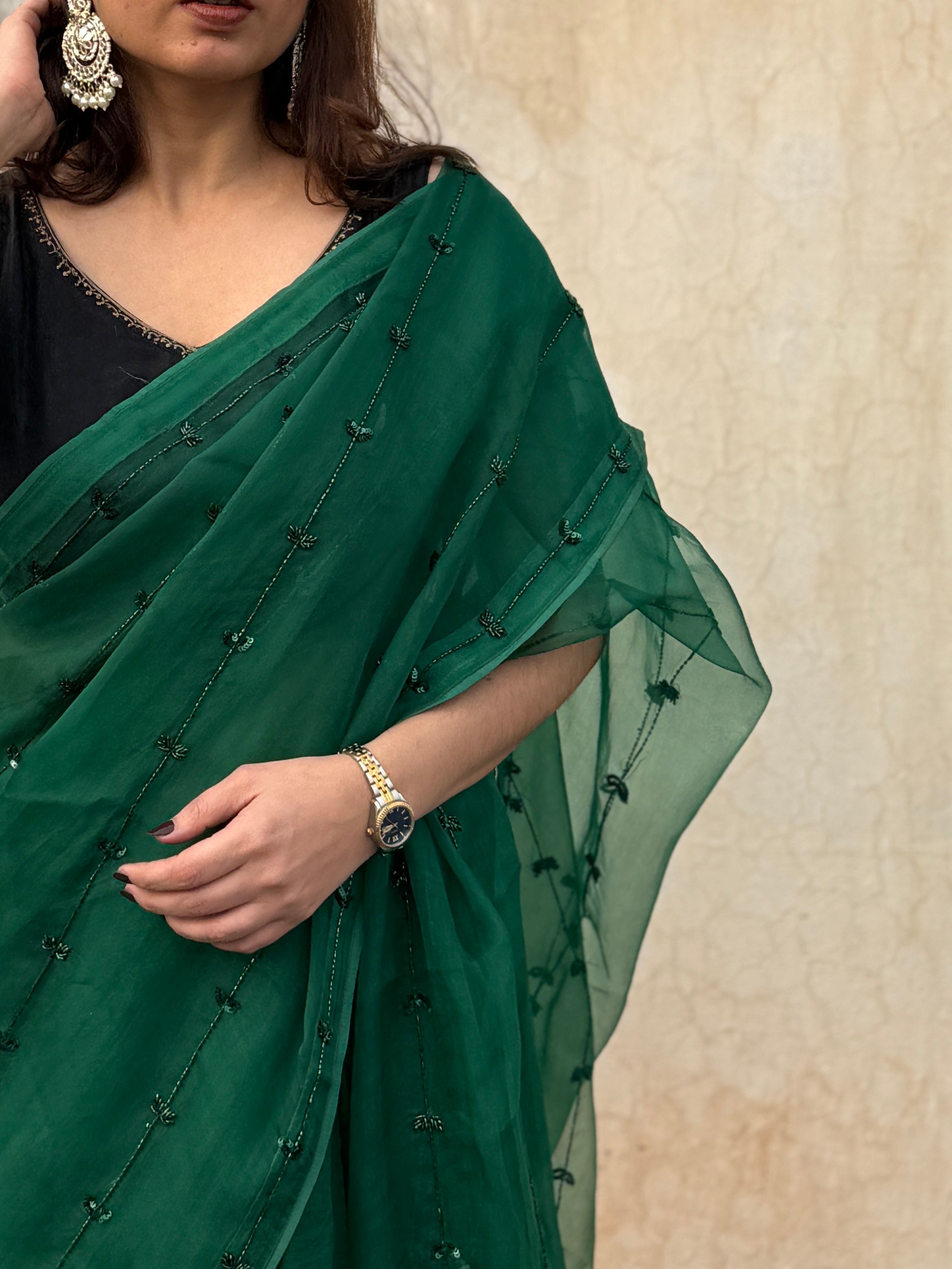 Teekhi | Green Viscose Organza Hand Embroidered saree