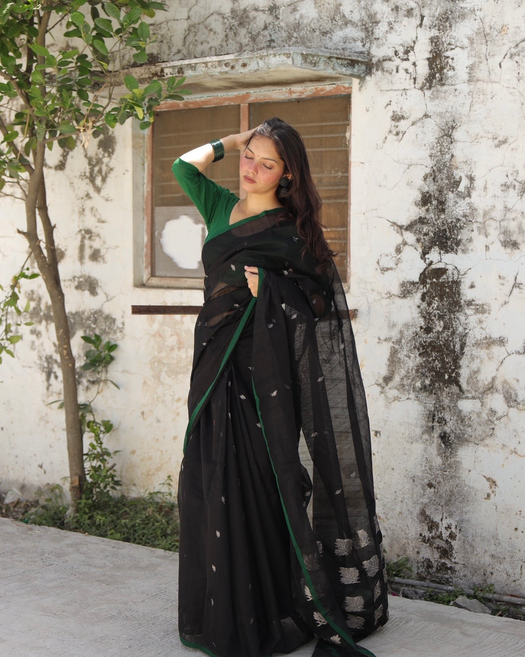Chinar | Black Chanderi Saree with Silver Booti