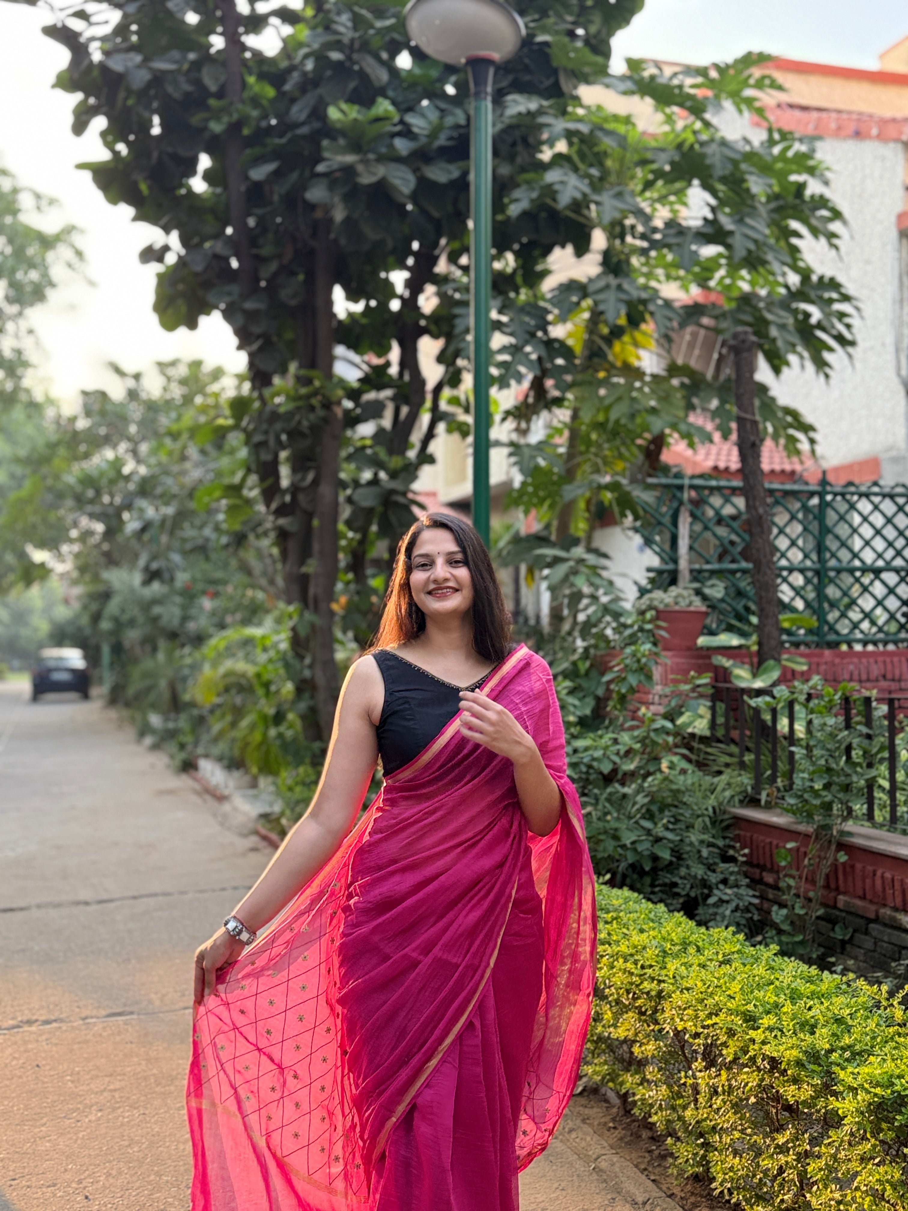 Noor | Rose Pink Embroidered Cotton Silk Saree