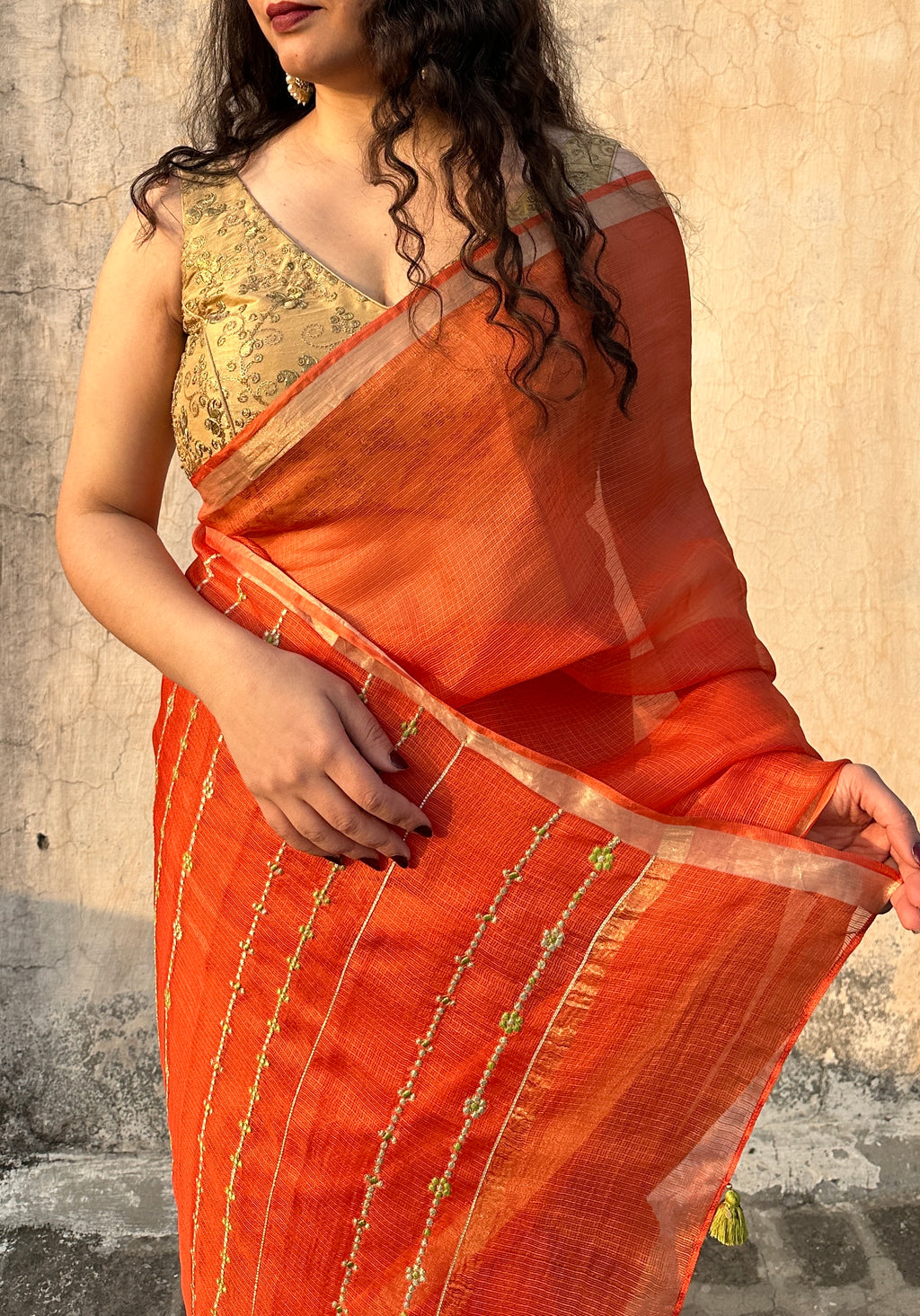 Mehr | Orange Embroidered Kota Silk Saree