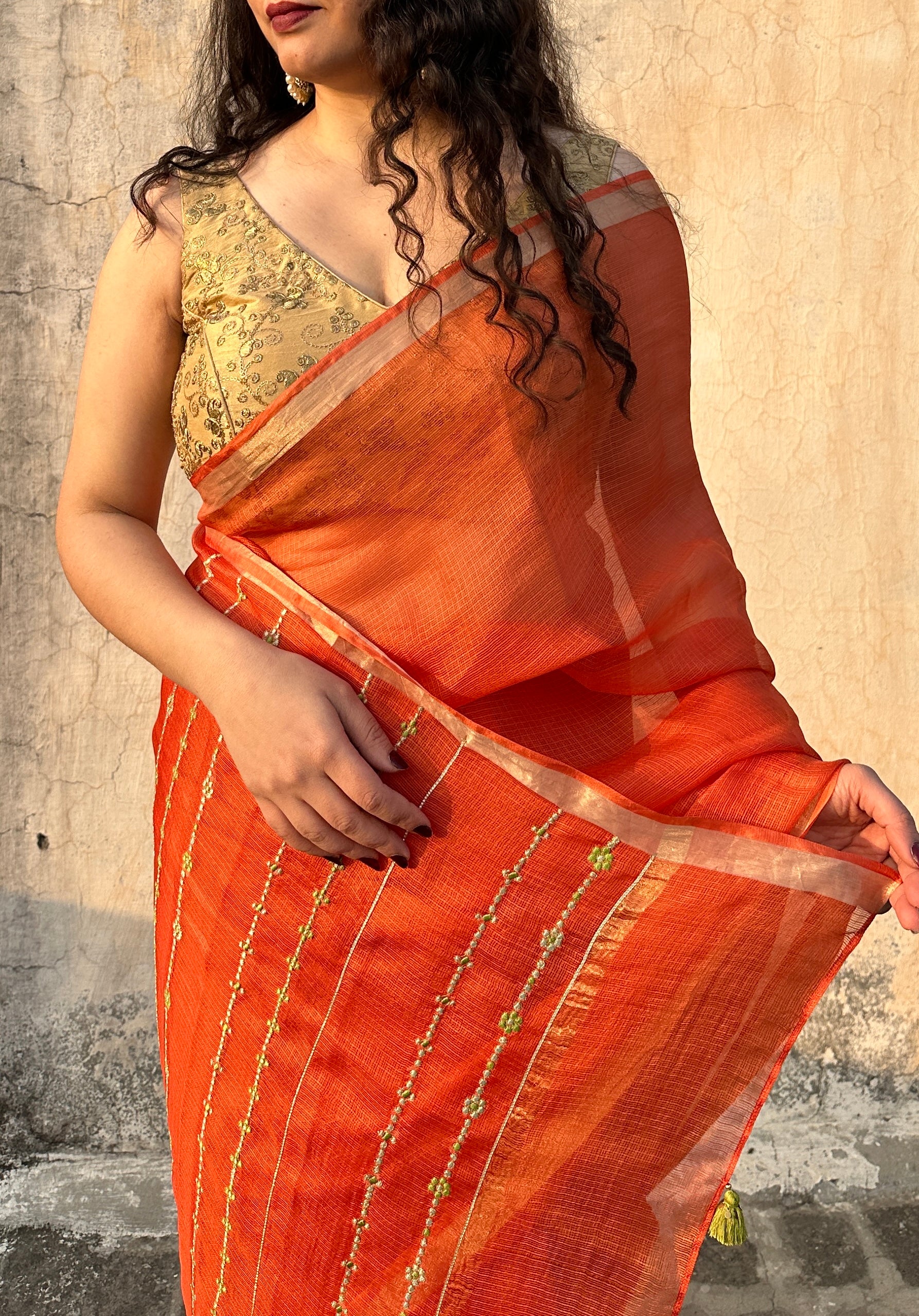 Mehr | Orange Embroidered Kota Silk Saree