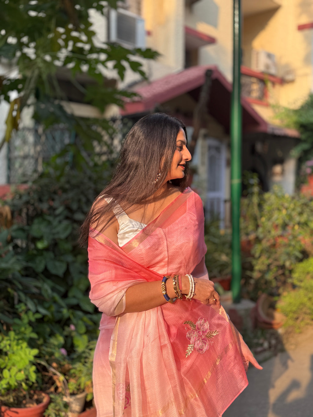 Sitaara | Pink Ombre Embroidered Kota Silk Saree