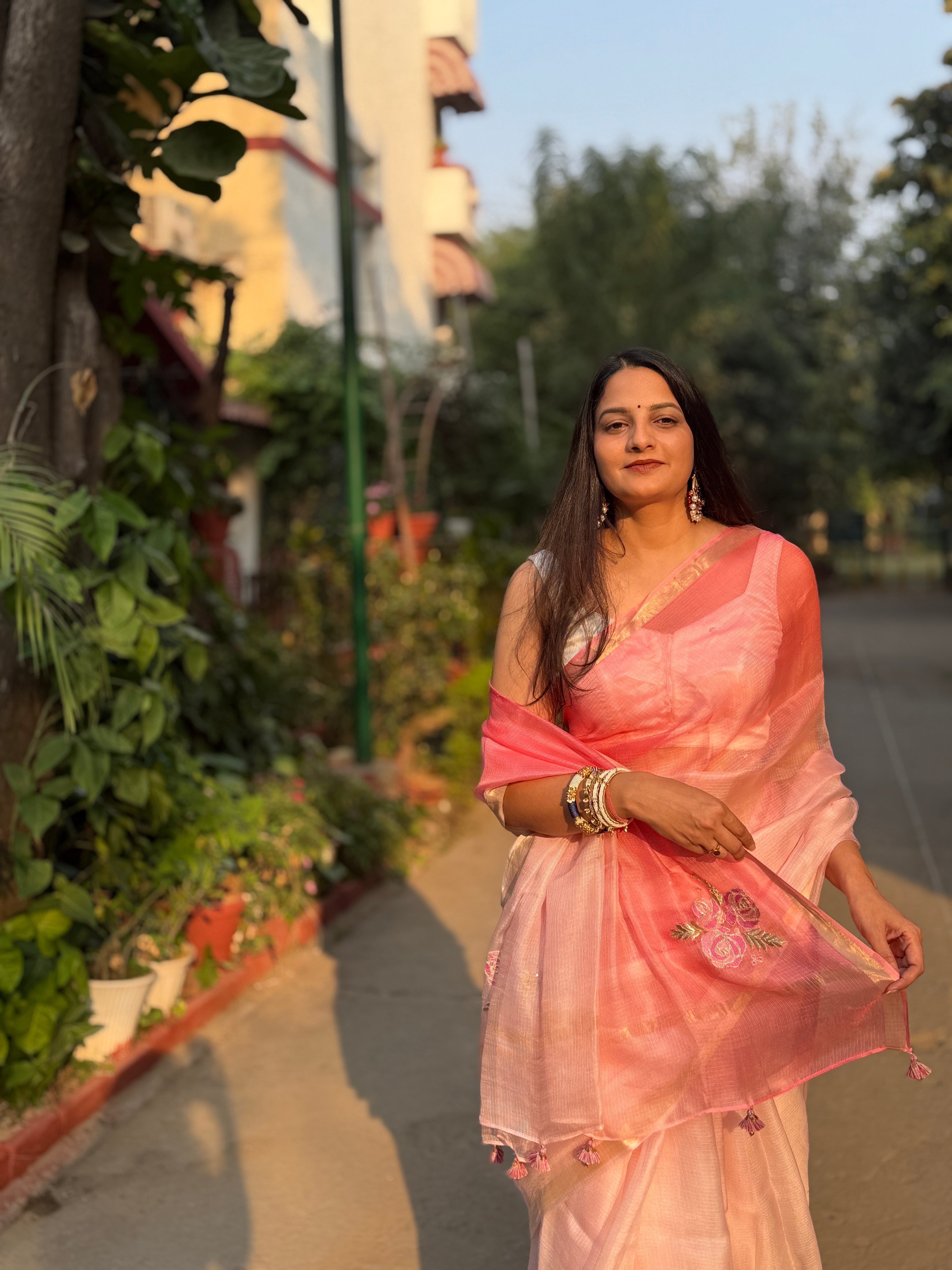 Sitaara | Pink Ombre Embroidered Kota Silk Saree