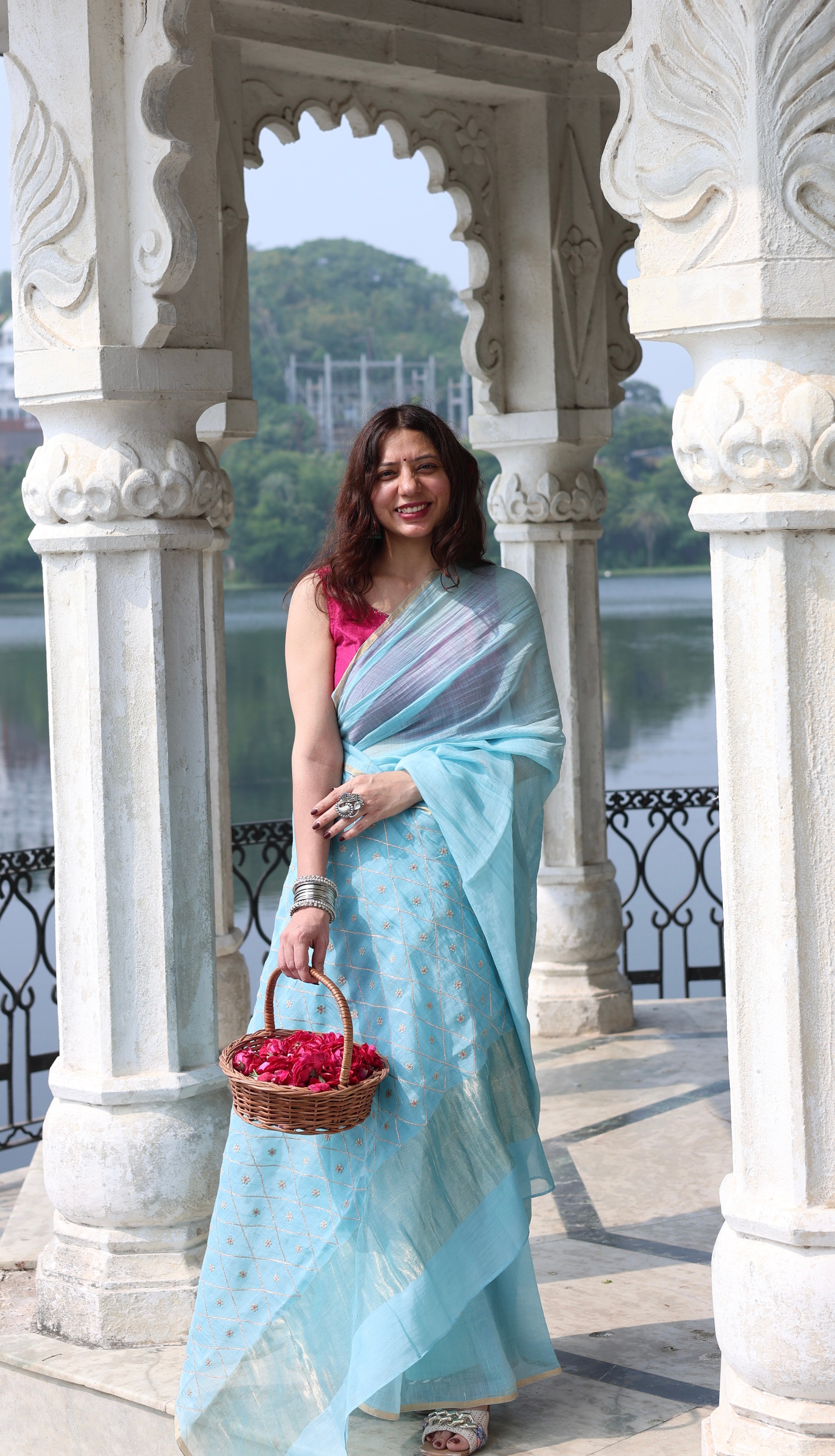 Noor | Sky Blue Embroidered Cotton Silk Saree