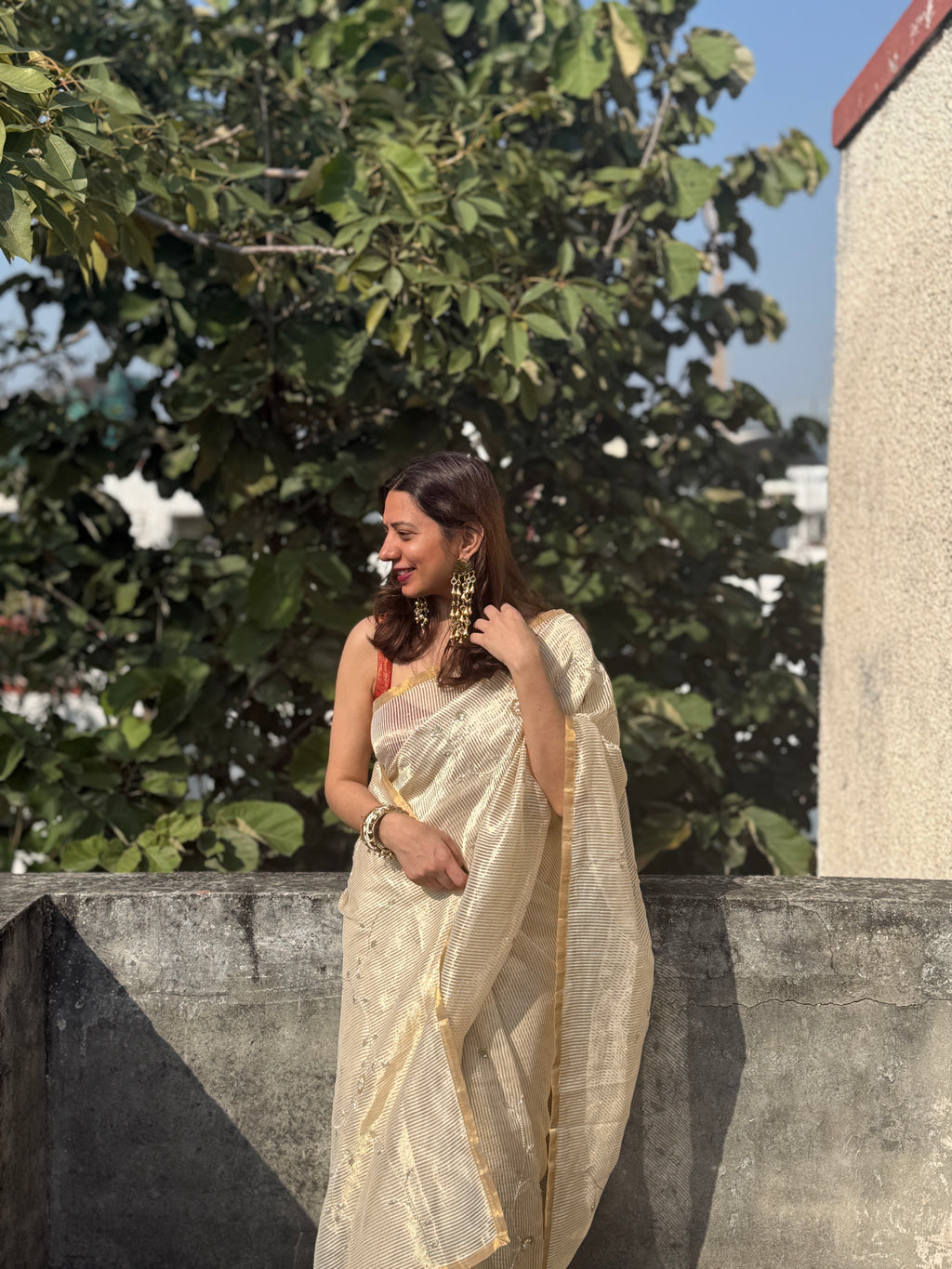 Sunehri | Ivory Golden Viscose Organza & Silk Zari saree