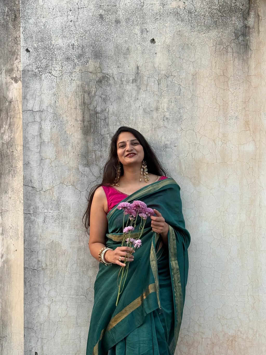 Nazaara | Emerald Green Cotton Silk Saree