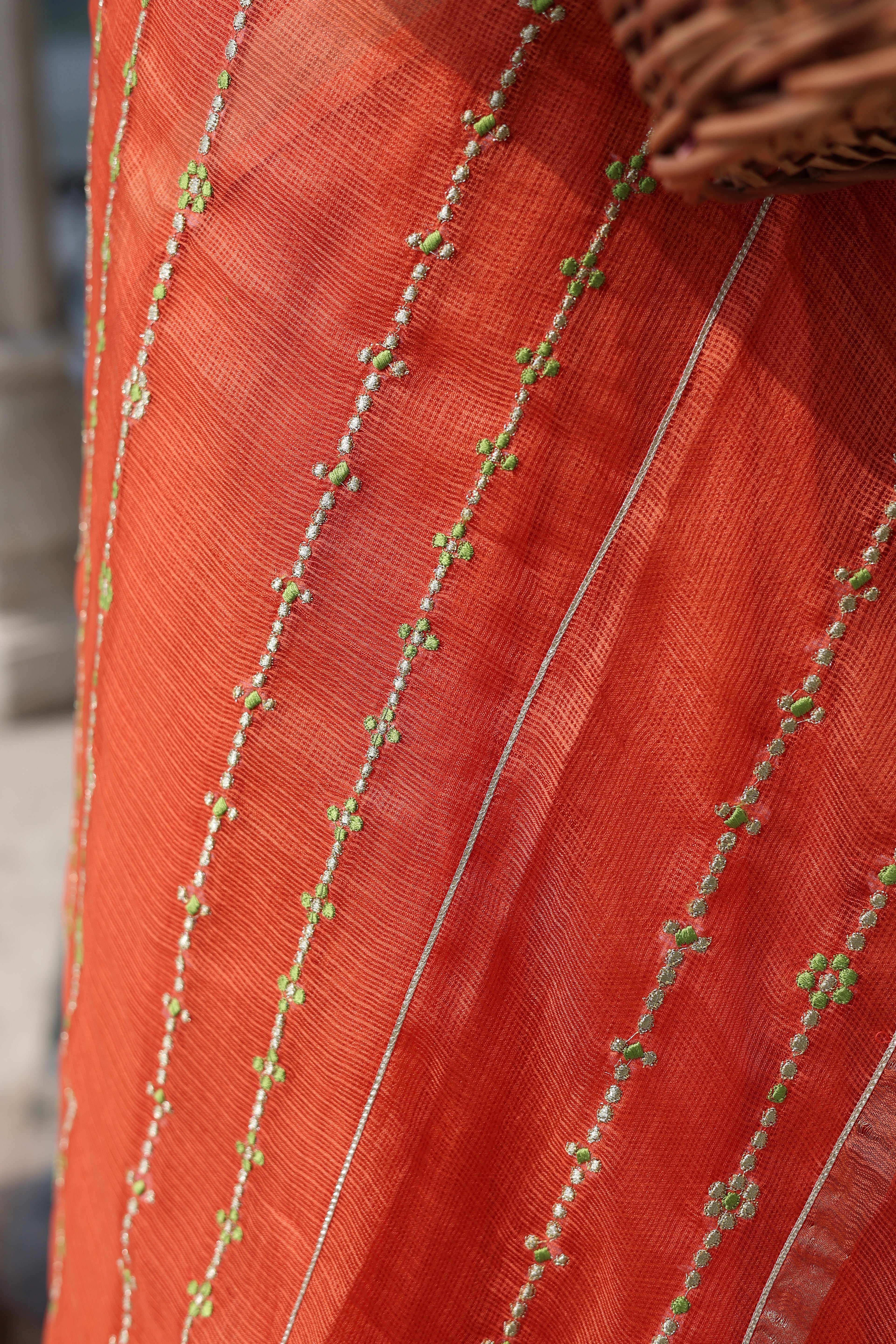 Mehr | Orange Embroidered Kota Silk Saree