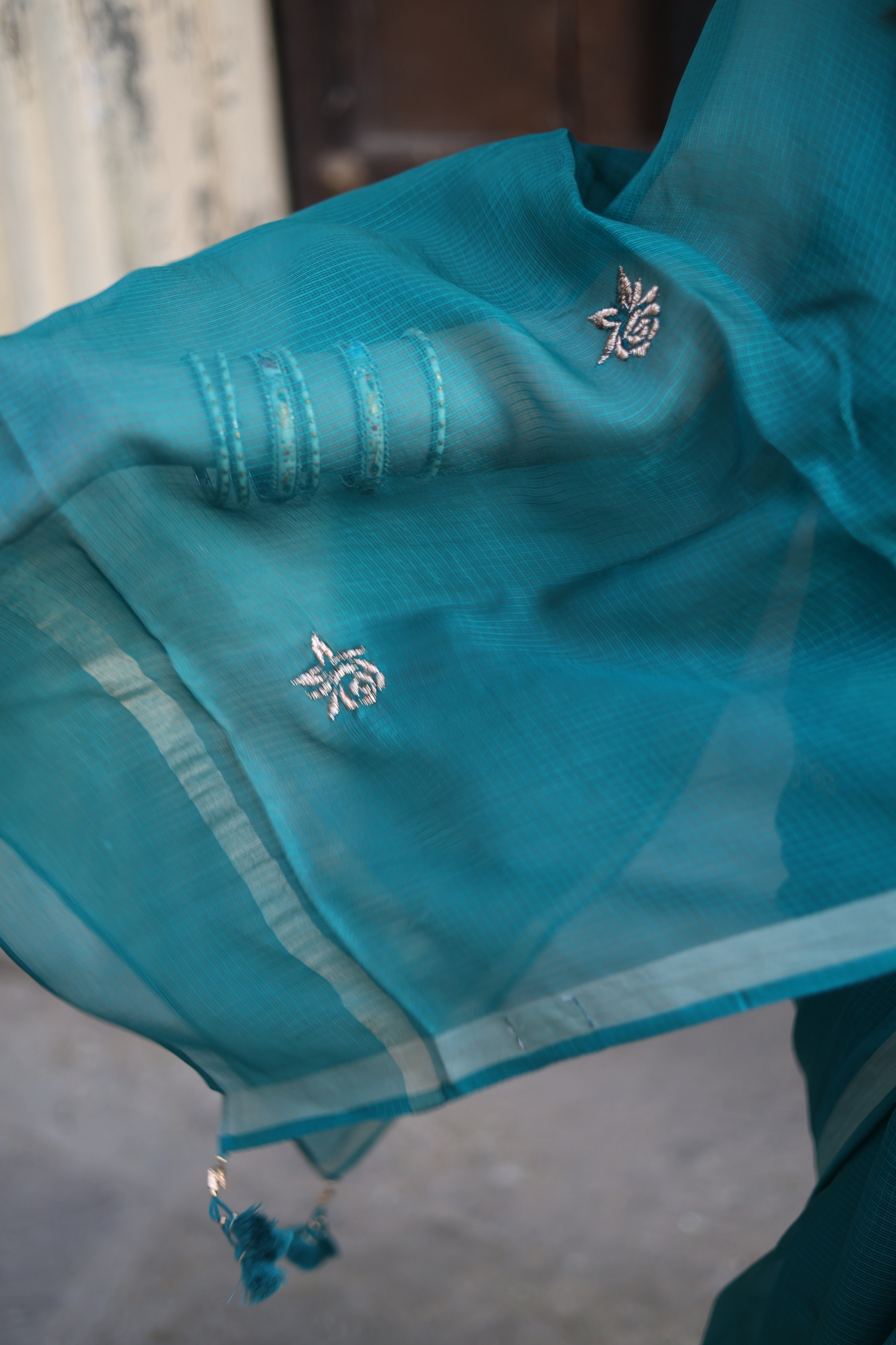 Sharara | Teal Blue Embroidered Kota Silk Saree