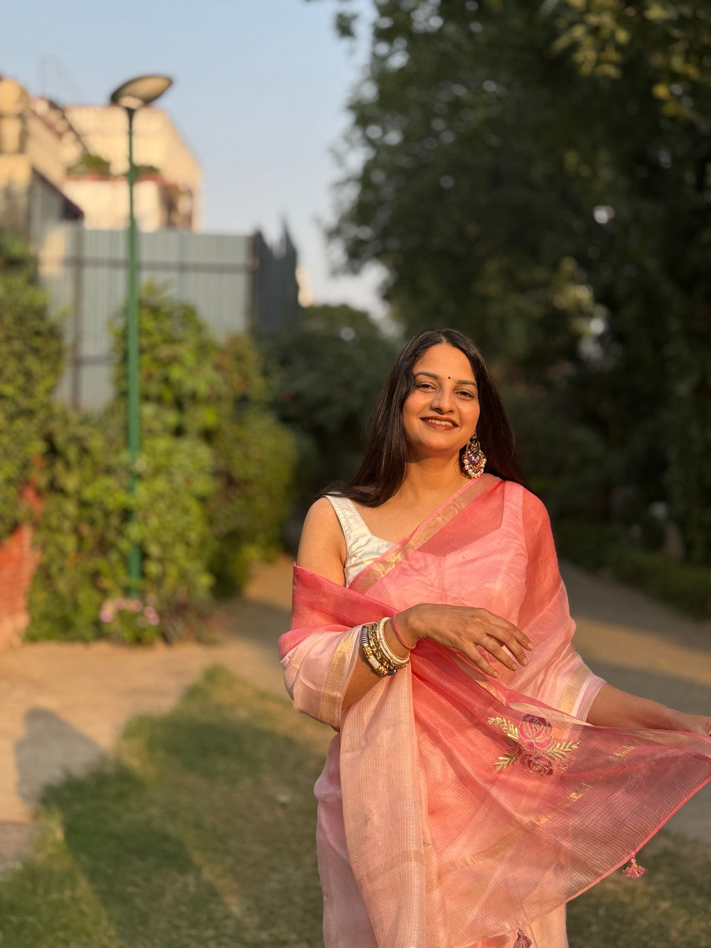 Sitaara | Pink Ombre Embroidered Kota Silk Saree