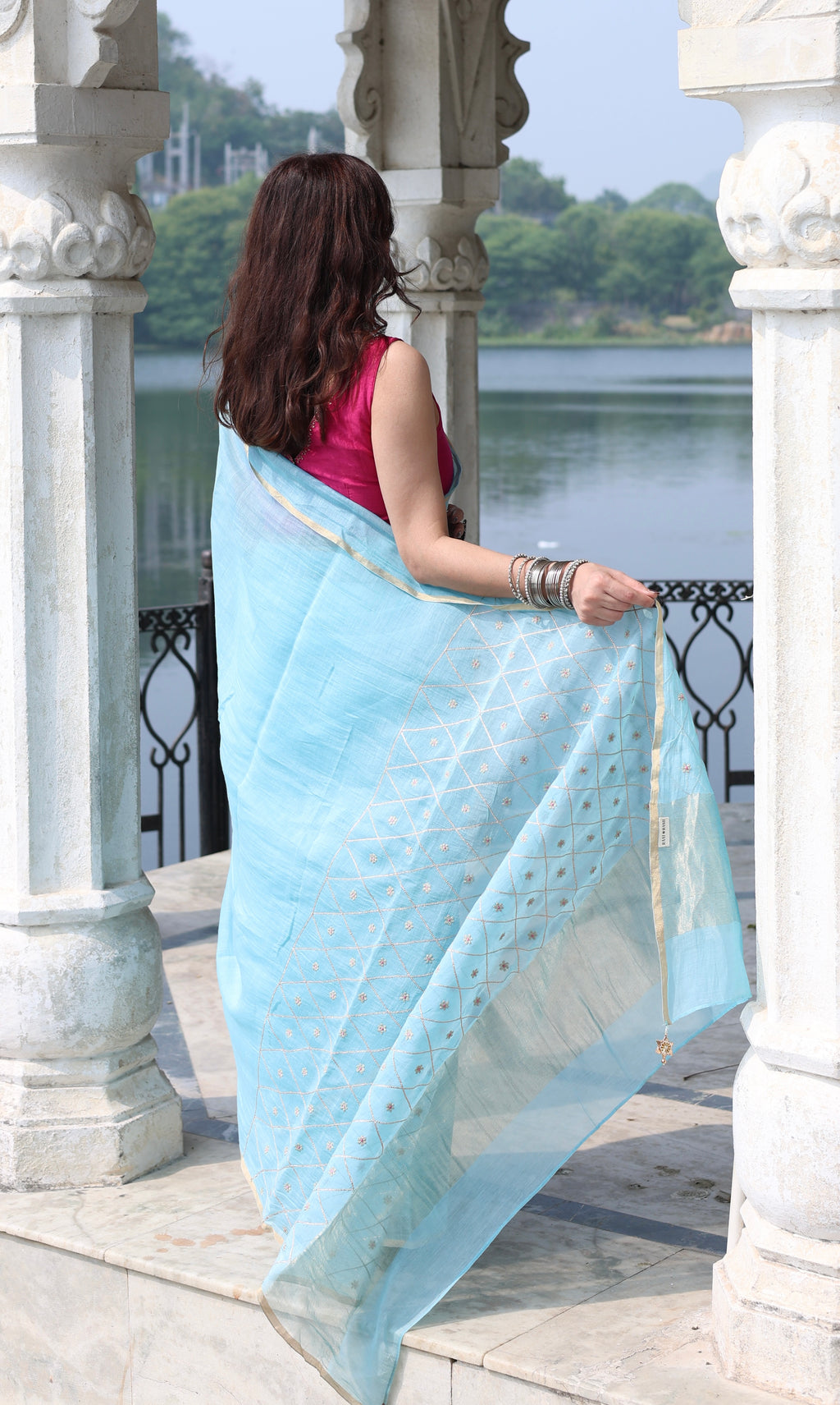Noor | Sky Blue Embroidered Cotton Silk Saree