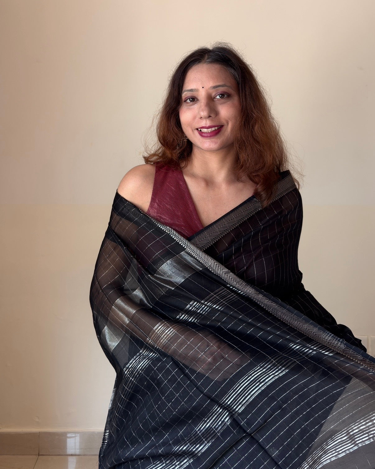 Chandni | Black Maheshwari Saree with Silver Checks