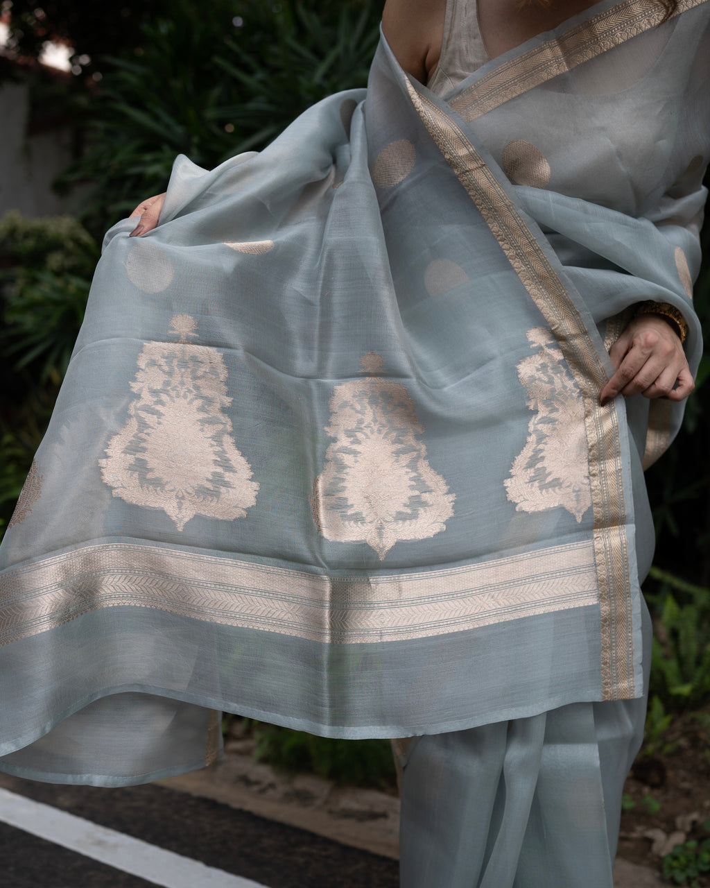 Naina | Blue Handloom Banarasi Kora Silk Saree