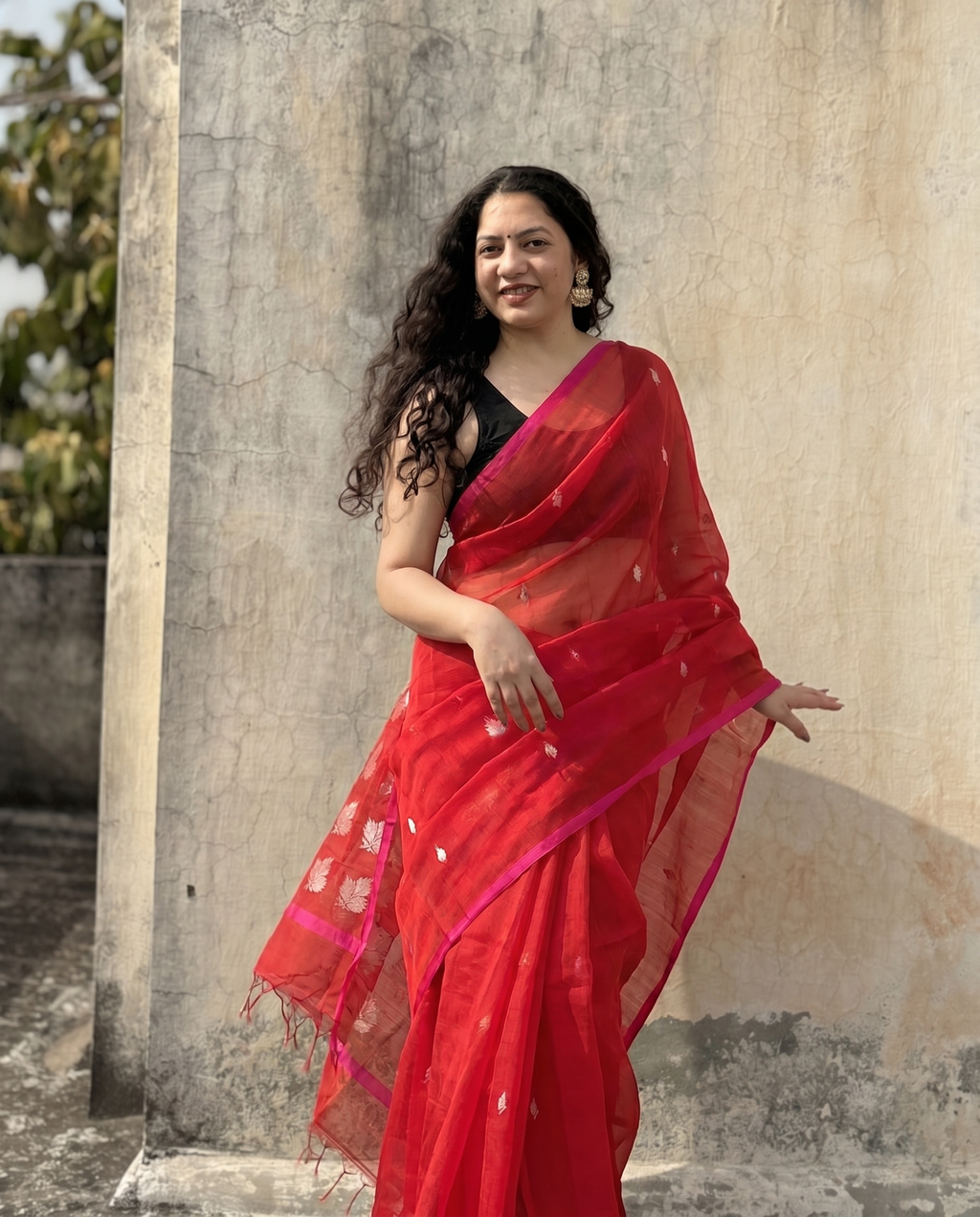 Devi | Red Chanderi Saree with Silver Bootis