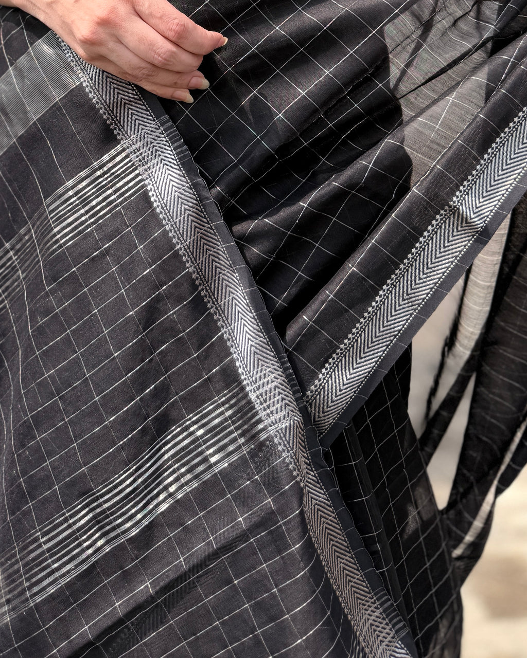 Chandni | Black Maheshwari Saree with Silver Checks