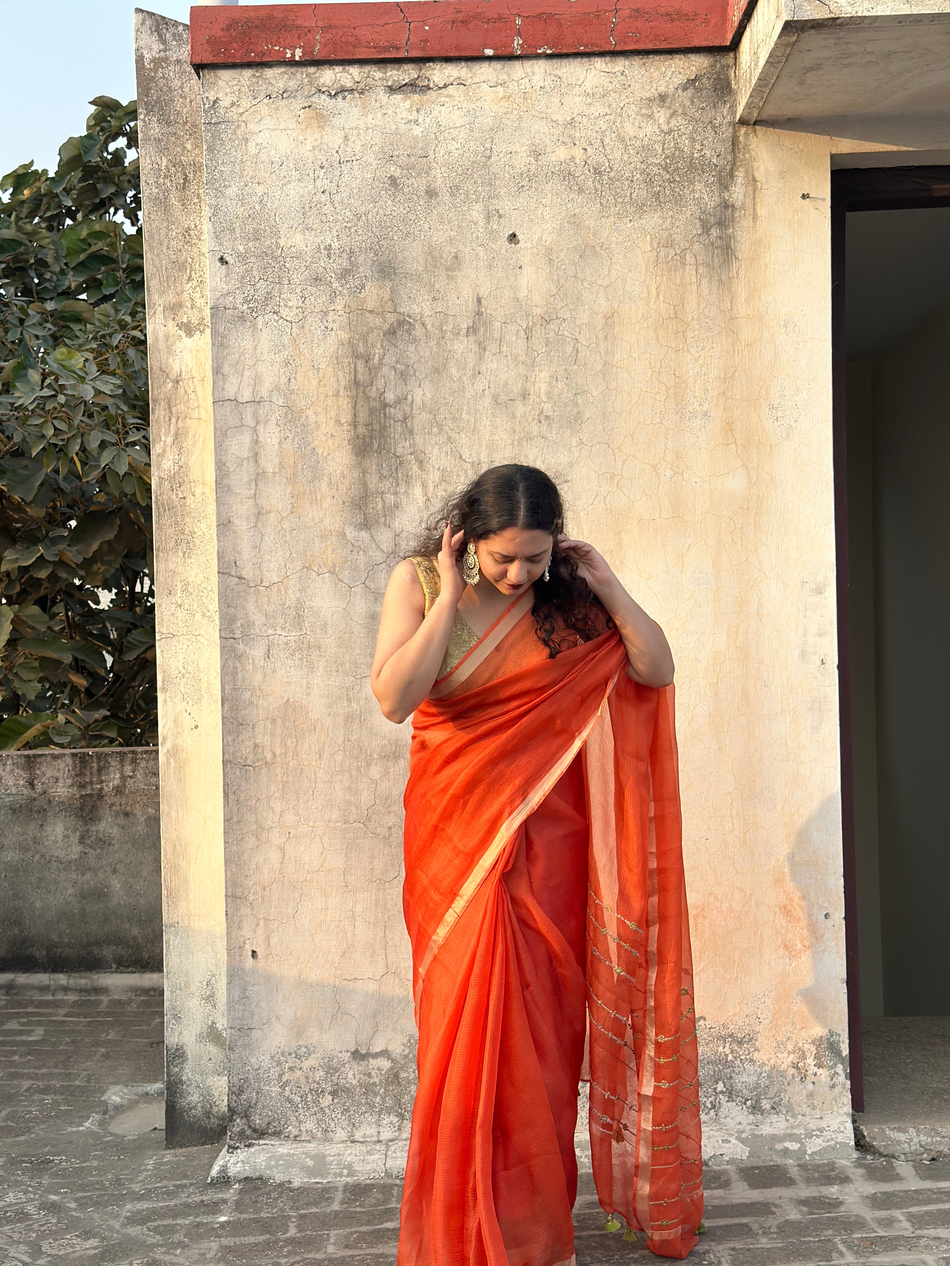 Mehr | Orange Embroidered Kota Silk Saree