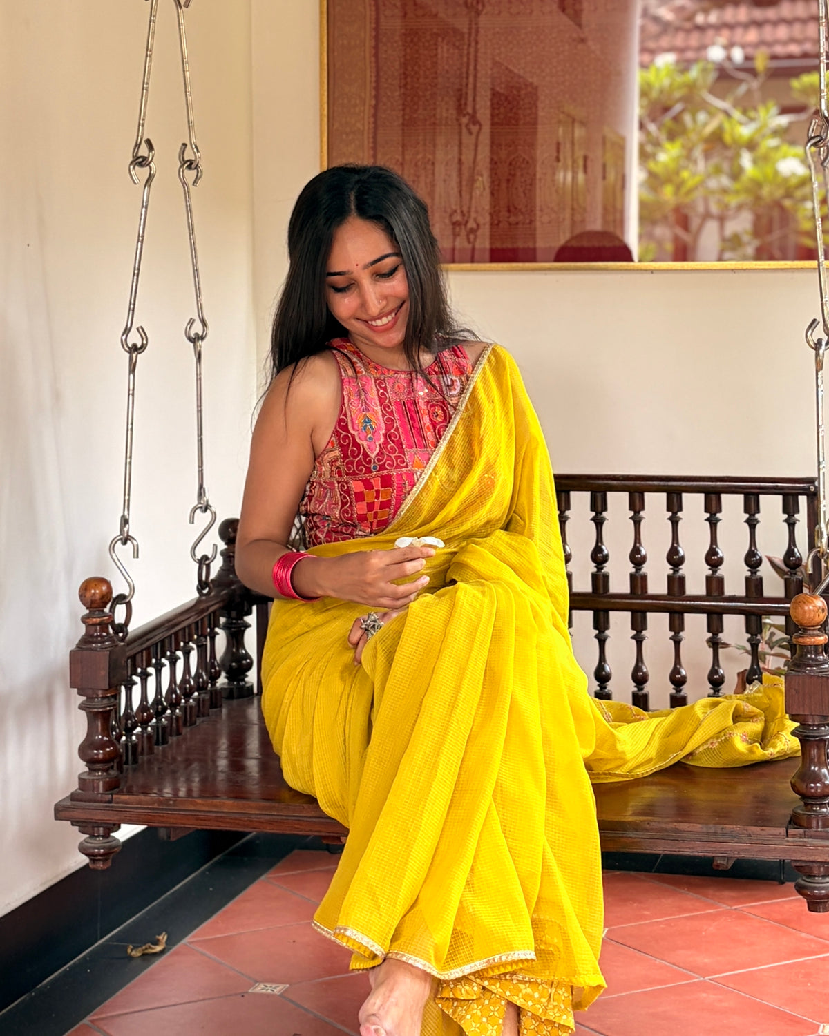 Jhumki | Yellow Embroidered Kota Doria Saree