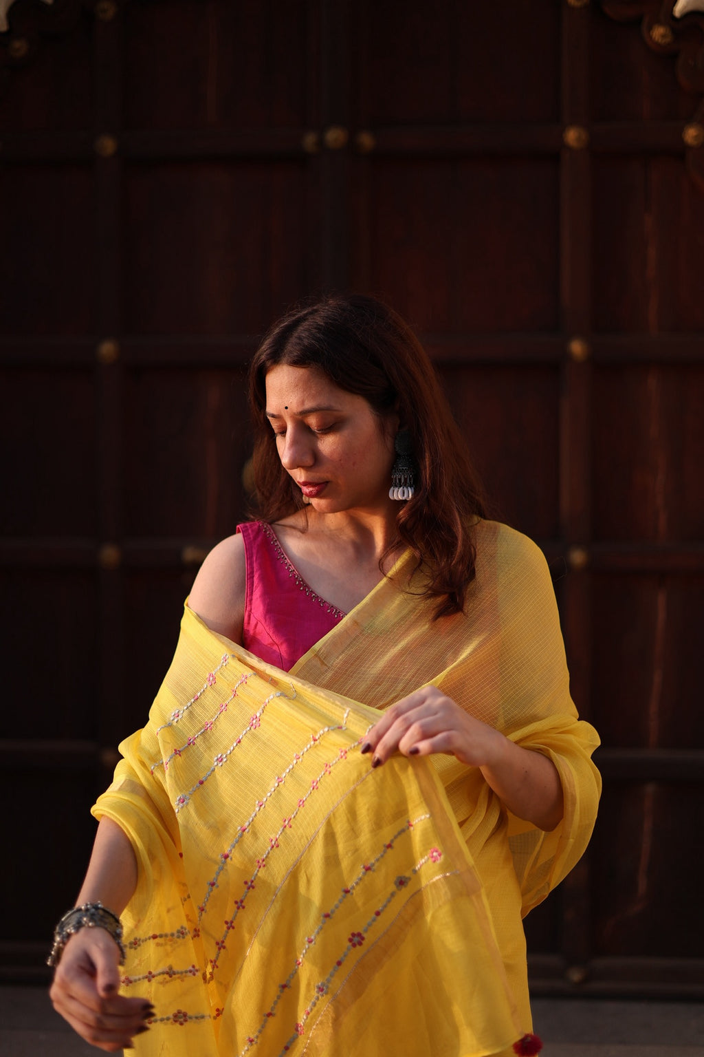 Mehr | Yellow Embroidered Kota Silk Saree