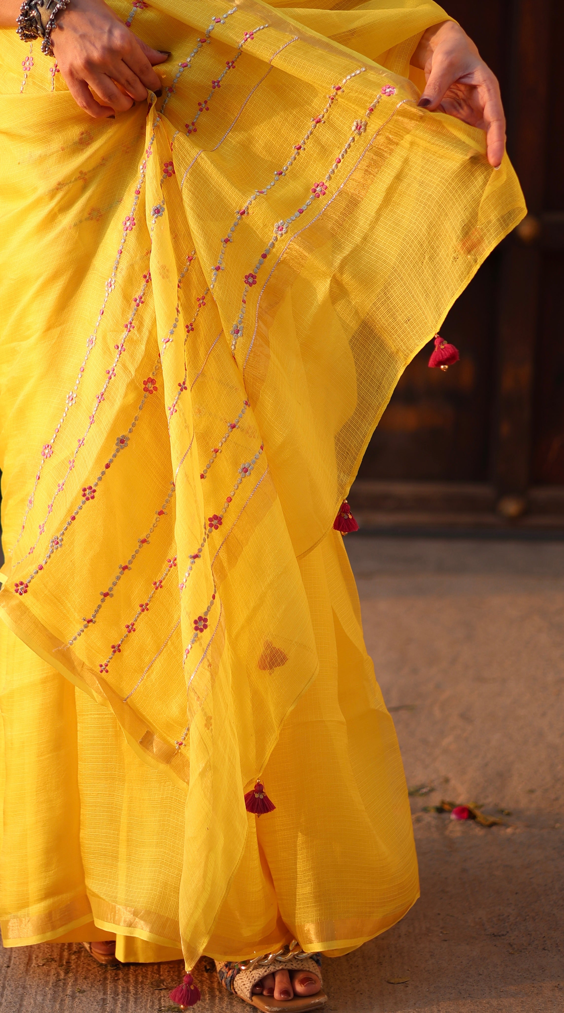 Mehr | Yellow Embroidered Kota Silk Saree