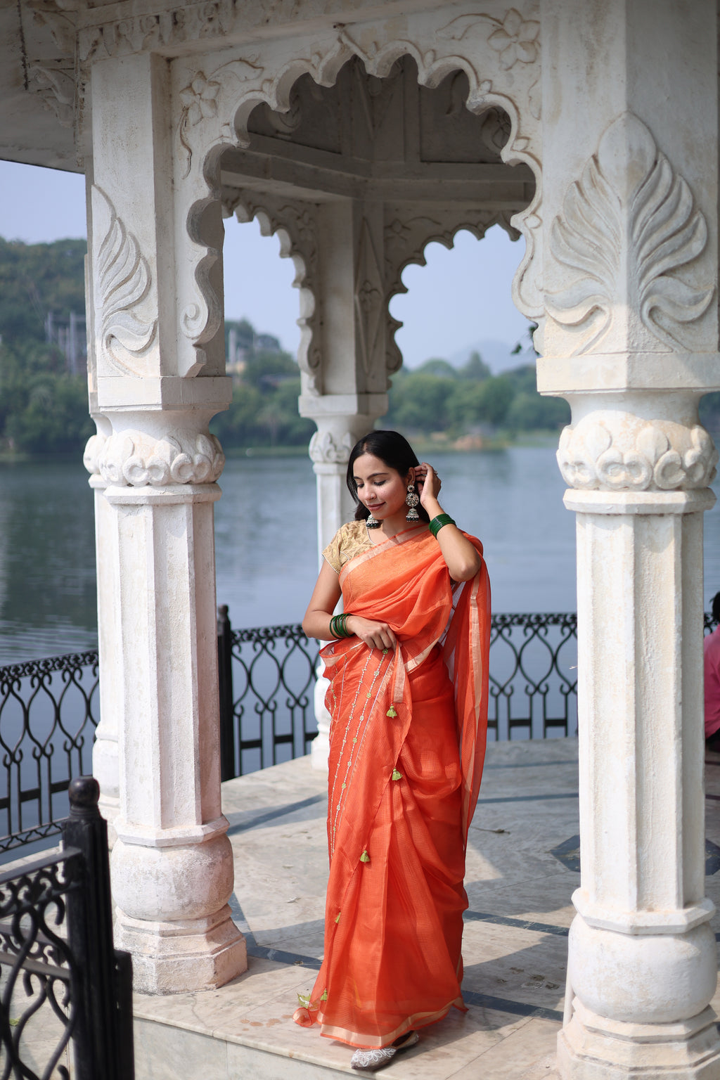 Orange Embroidered Kota Silk Saree