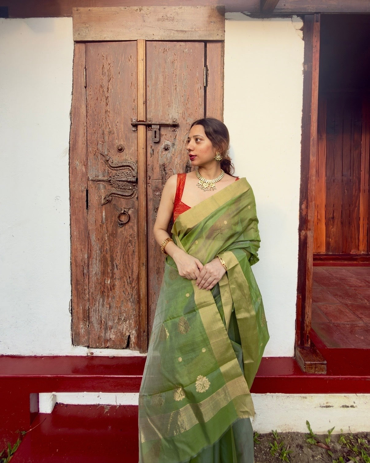 Amli | Olive Green Chanderi Silk Saree